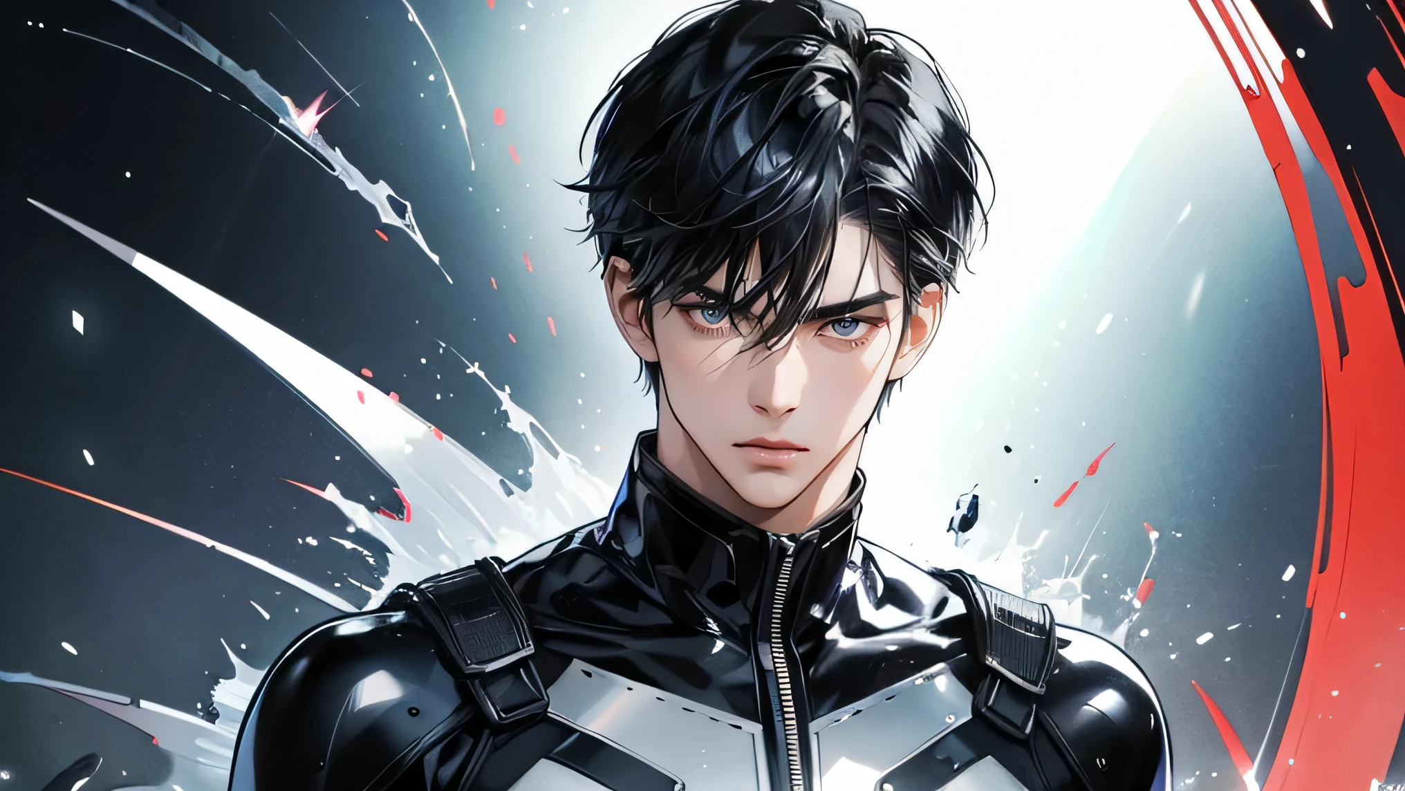 Japanese male handsome model　Black Hair　　Short cut　　G-I-A-CUT　looking at the camera　Shiny full-body silver suit　　　Shiny silver latex suit　　Fierce face　Handsome　　future　Metal Body　　 grim stare　　gaze　Sad expression　Moist eyes　Face close-up