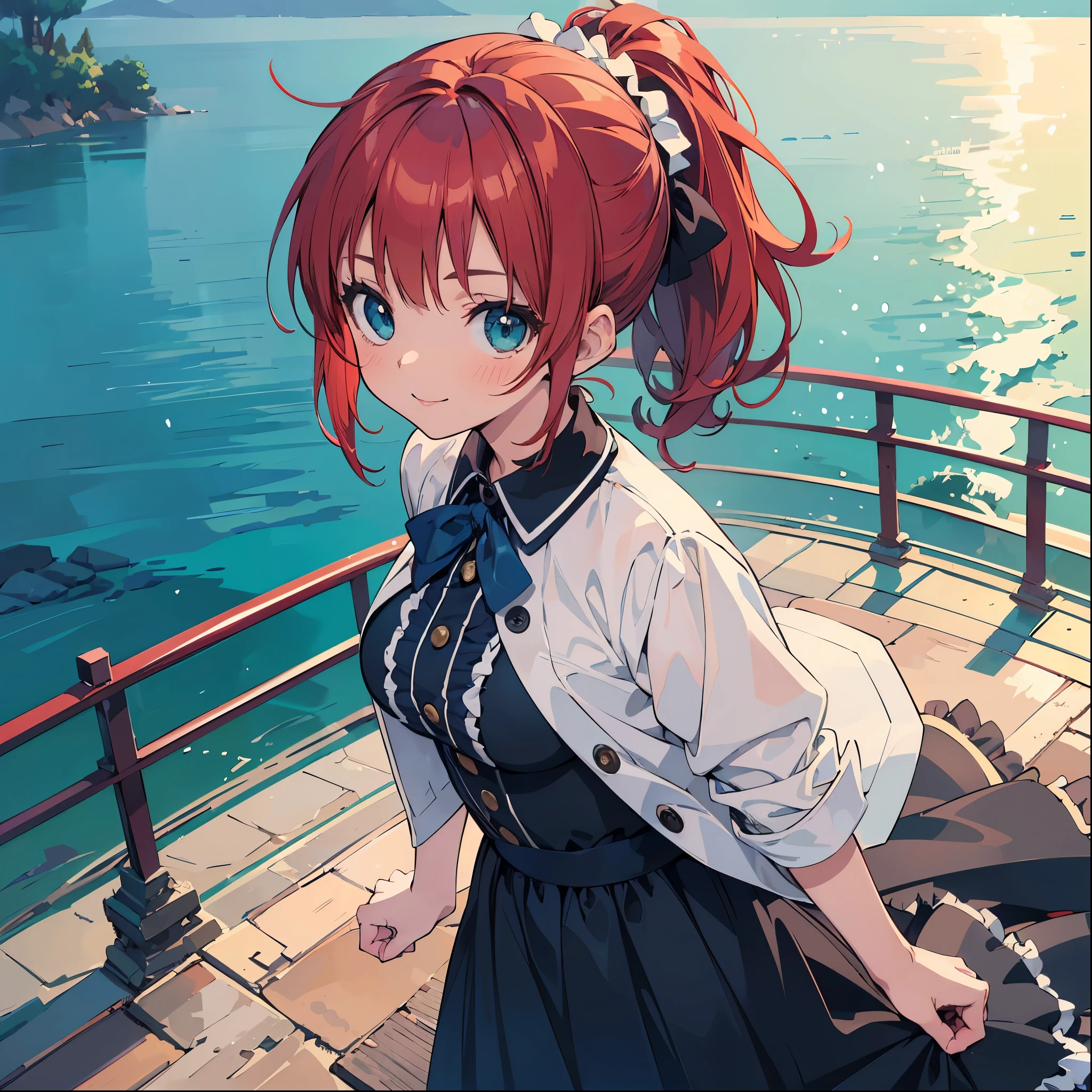 (masterpiece:1.2), (Highest quality:1.2), Ultra-high resolution, Very detailed, Perfect lighting, ((Anime girl walking)), smile,Surreal Girl, (Lolita,boyish , 13 years old:1.3),Large Breasts,The charm of androgyny, (Red hair),Fine and beautiful eyes, Well-proportioned iris and pupil, Expressive eyes, Beautiful and detailed lips, High resolution detailed hair, ponytail,one piece,From above,Sicily,Gweiz-style artwork, Makoto Shinkai'Art Style, Portrait of Rofi, Digital anime art, Makoto Shinkai style, LOFI Girl, Anime style illustrations, ロフィArt Style, Anime illustration
