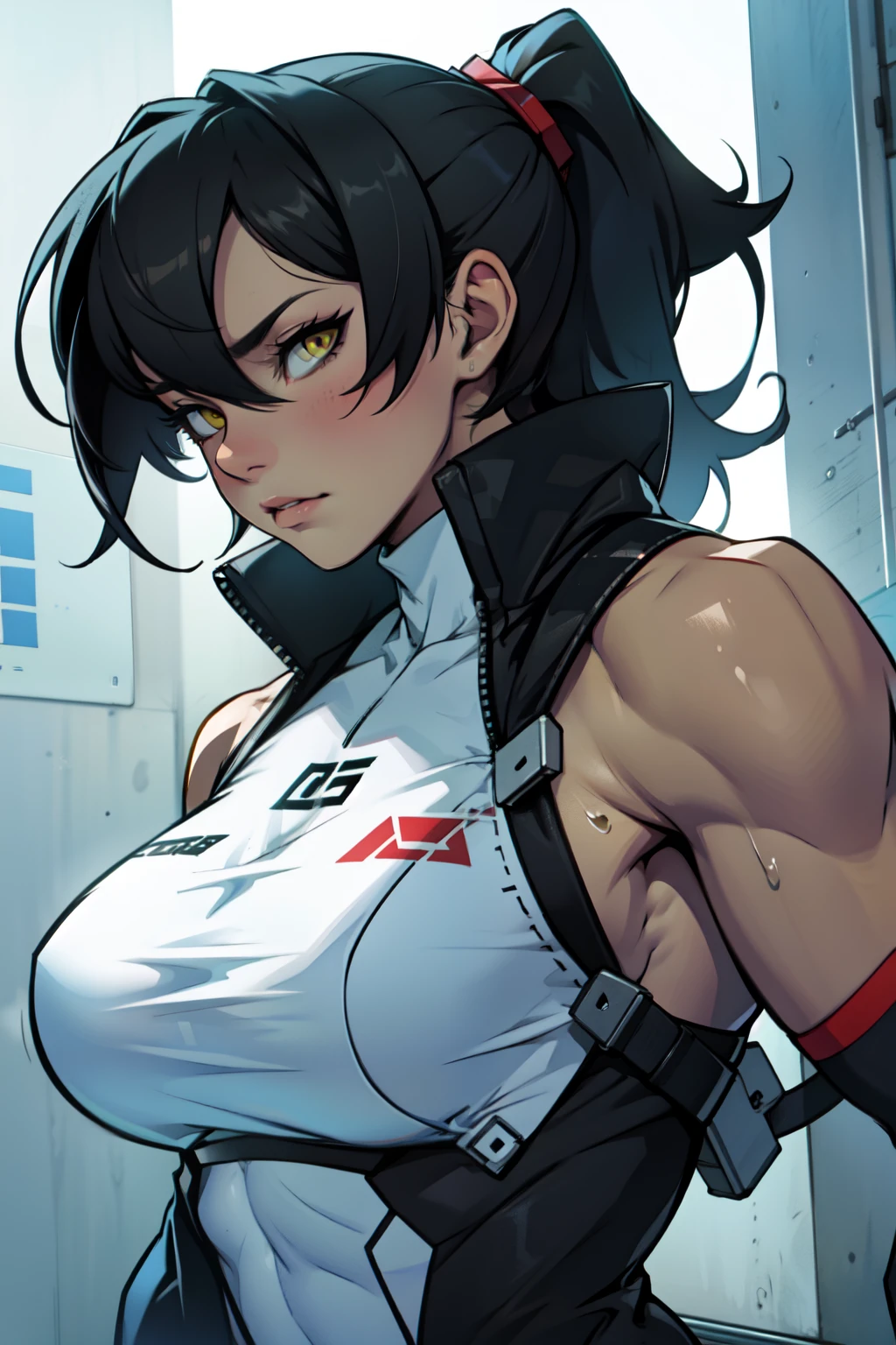 perfect female anatomy muscular girl big breasts empty eyes embarrassed black hair yellow eyes pale skin perfect female anatomy perfect female anatomy