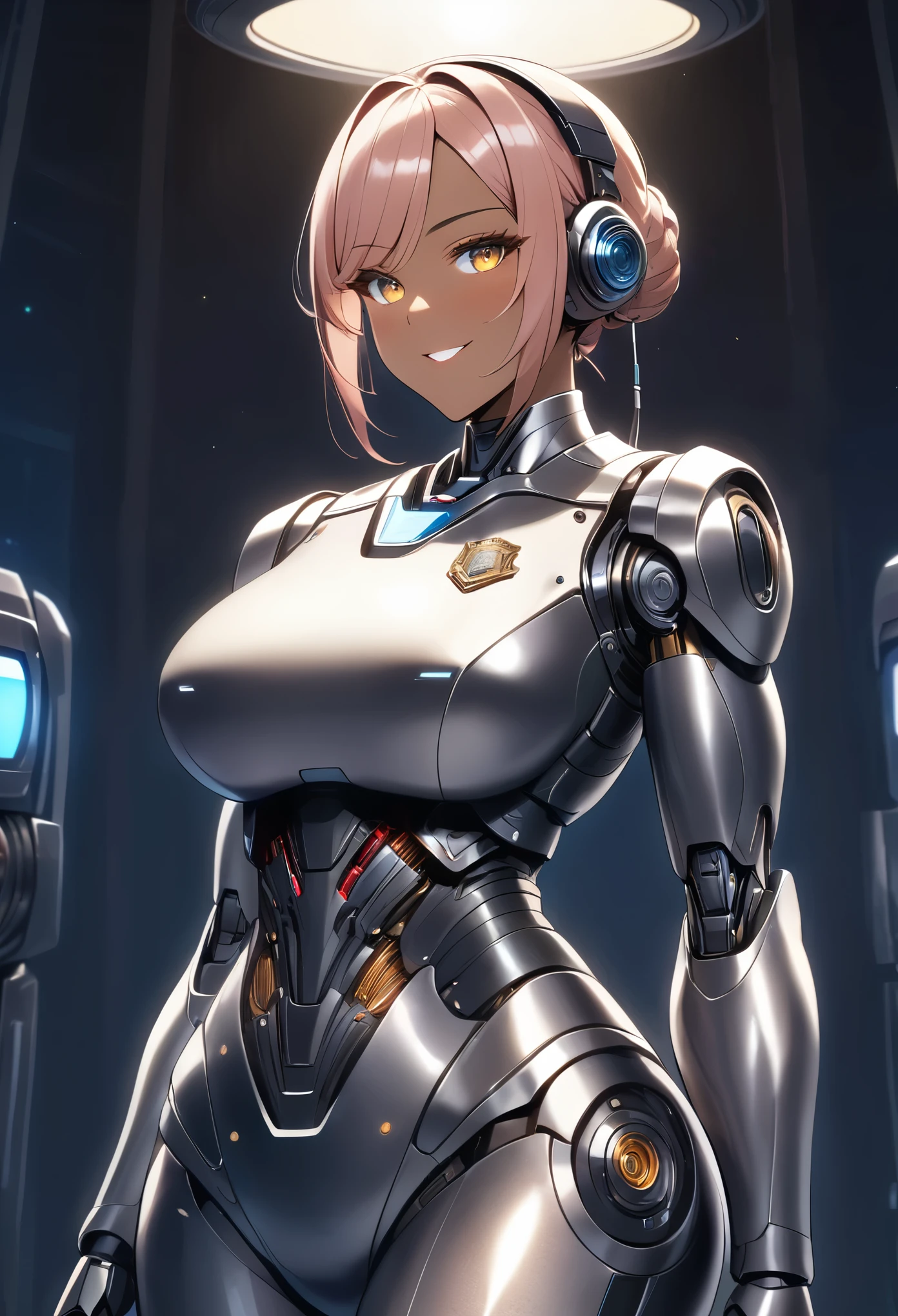 UHD, retina, anatomically correct, textured skin, masterpiece, accurate，SOLO，high quality,extremely detailed，(A robot female),(Iron body:1.7),(shiny skin:1.8),(bright light),open pose,[detail face],(petty human face:1.7),(Police type robot)