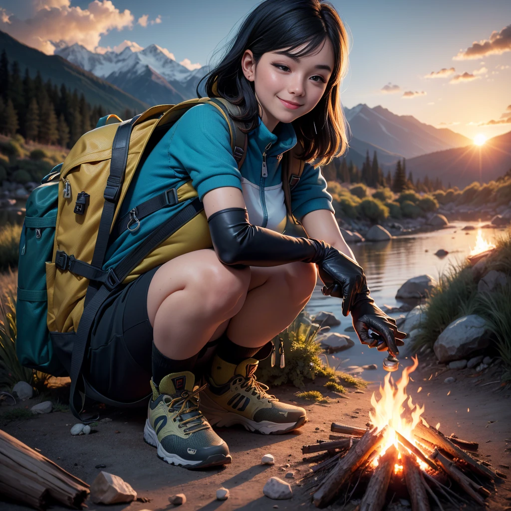 1 female, Black Hair, skirt, Cold tops ((whole body, Crouching, Smile, hapiness的)), masterpiece, best quality, Perfect eyes, Perfect hands, Perfect legs, Extremely detailed, Solitary, outdoor, (Sunset), Mountains, nature, (Star, cloud) hapiness, hapiness的, Backpack, sleeping bag, Camping stove, Water bottle, tennis, Gloves, flashlight, forest, Stone, river, wood, smokes, shadow, Compared, style, (Warm colors, Warm colors: 1.2), light, Side Light, Ultra-high resolution, 最佳shadow, Raw, wooden house, campfire
