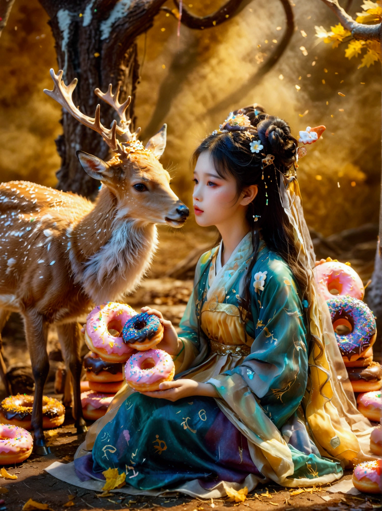 Surreal photos, Nine-Colored Deer Guardian, High-resolution photos, The beautiful nine-colored deer in mythology, A peaceful and dreamy scene, A  girl in Hanfu sits next to a mysterious nine-colored deer, (((Eating donuts))), Donut crumbs fell on the ground, (((Half eaten donut))), (Detailed donut eating action), The littleis very cute, Detailed facial details, The background is a magical forest full of spirituality, Create a soft and ethereal atmosphere, The overall composition is beautiful, wide shot, UHD, masterpiece, accurate, anatomically correct, textured skin, super detail, award winning, 16k