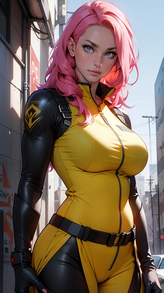 Fake body and , Mature woman in metal rising revengeance body details, foto de busto, big pink hair, shining blue eyes, wearing a mustard yellow jumpsuit, breasts big, looking 35 years old, eye on the spectator, Look to the camera, , the background is a cyberpunk city, revegeance expression, foco no rosto, de frente, foco no busto, riaden armor of metal gear rising, busty woman, eyeshield
