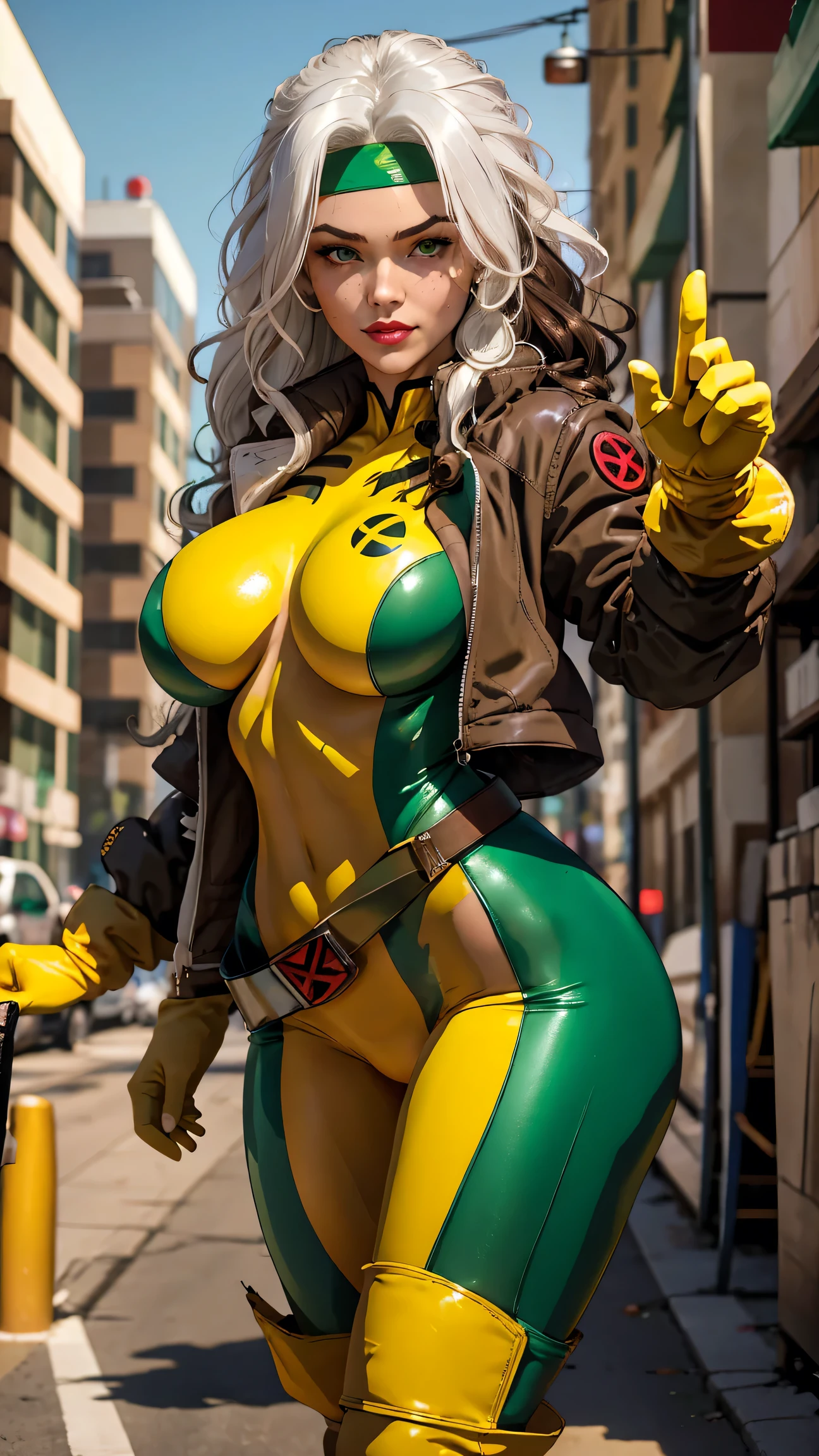 CARTOON_X_MENs_Rogue,ownwaifu,
long hair,breasts,brown hair,green eyes,lipstick,makeup,lips,white hair,two-tone hair,headband,wavy hair,huge breasts,messy hair,curly hair,big_hair, smile,
yellow bodysuit,jacket,gloves,belt,yellow gloves,green bodysuit,bodysuit,multicolored bodysuit,superhero, skin tight,multicolored clothes, cowboy shot, masterpiece, high quality, highres, camel toe, from below