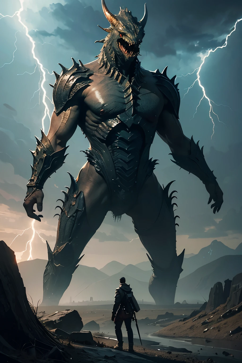 A very detailed painting，Depicts a man　have a weapon on a hill gazing at a giant alien monster lightning breath, author：Shinkai Makoto, By Art Jem, From Wlop, author：Greg Rutkowski, Volumetric Lighting, Octane Rendering, 4K resolution, Popular on artstation, masterpiece ,lightning magic