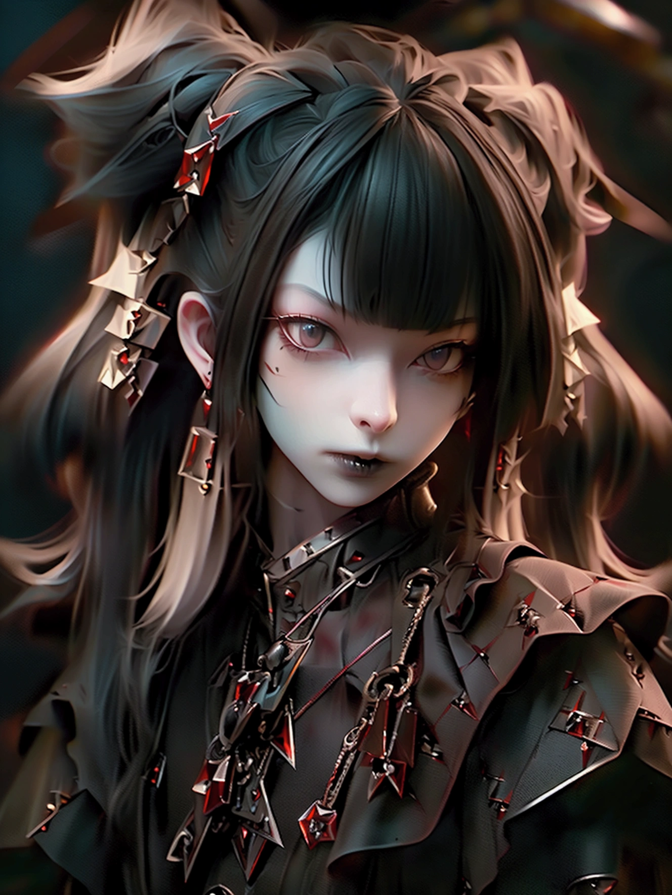 (high quality: 1.3), Cinematic shots, masterpiece, (Sharp focus: 1.5), (Realistic: 1.3),whole body,image color: Black and Yellow, Emphasize yellow,(Beautiful young vampire woman, Pale skin, Gothic, Still proud、intense, Loose and fluffy black twin tails,Long Hair, Dark look, Wearing a very elaborate dark tunic,boots, Dark atmosphere, but、Sculpting shapes with chiaroscuro), that'night, (Highly detailed skin), (Detailed face), Detailed Background, Dim lighting, Volumetric lighting, Intricate details, Ultra-high resolution,