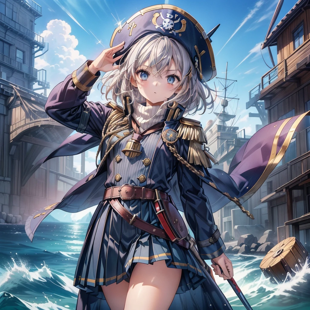 1girl,captain、Viking hat、pirate、On board、(((Highest quality、Masterpiece、Official Art、Super detailed、The best dynamic composition)))、Anime Style、Short grey hair、Navy blue and gold coat、Pleated mini skirt、Cowboy Shot、Ready your sword、blue sea、🌊、