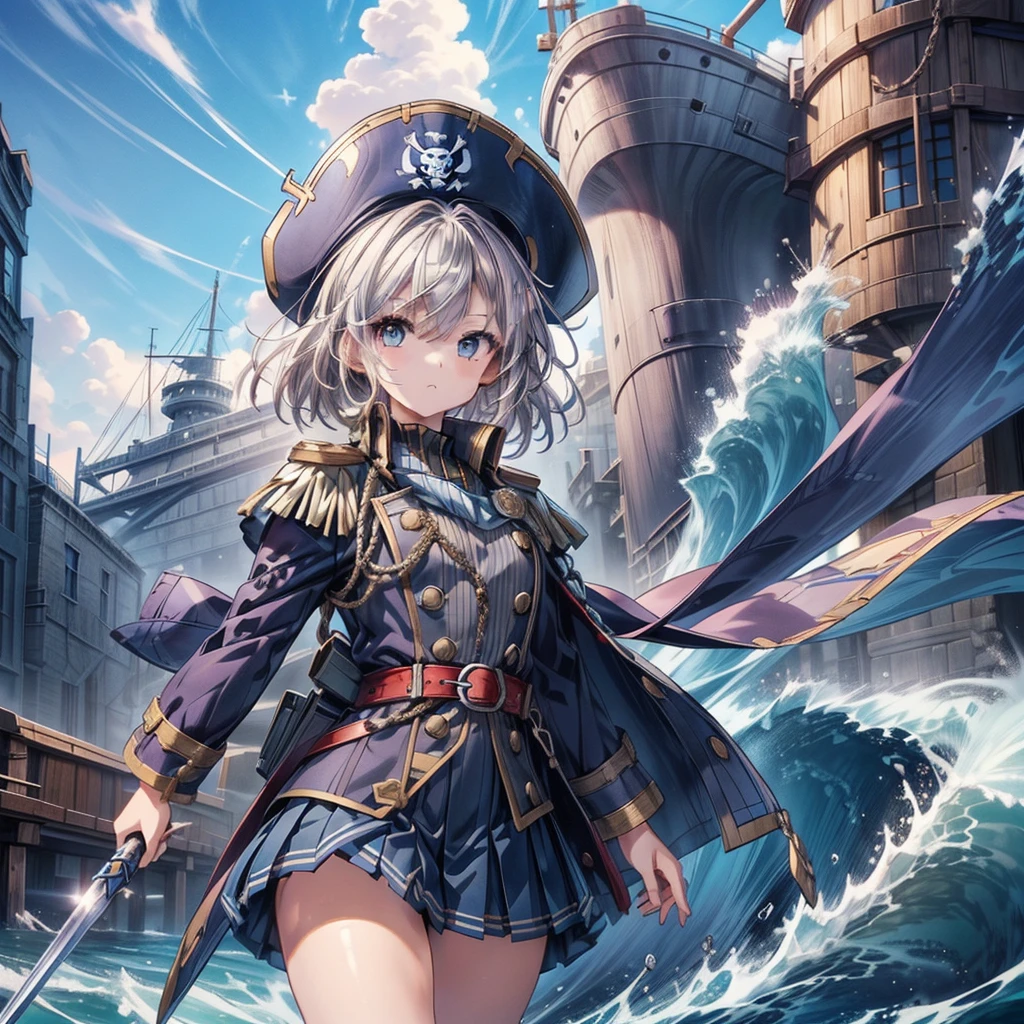 1girl,captain、Viking hat、pirate、On board、(((Highest quality、Masterpiece、Official Art、Super detailed、The best dynamic composition)))、Anime Style、Short grey hair、Navy blue and gold coat、Pleated mini skirt、Cowboy Shot、Ready your sword、blue sea、🌊、