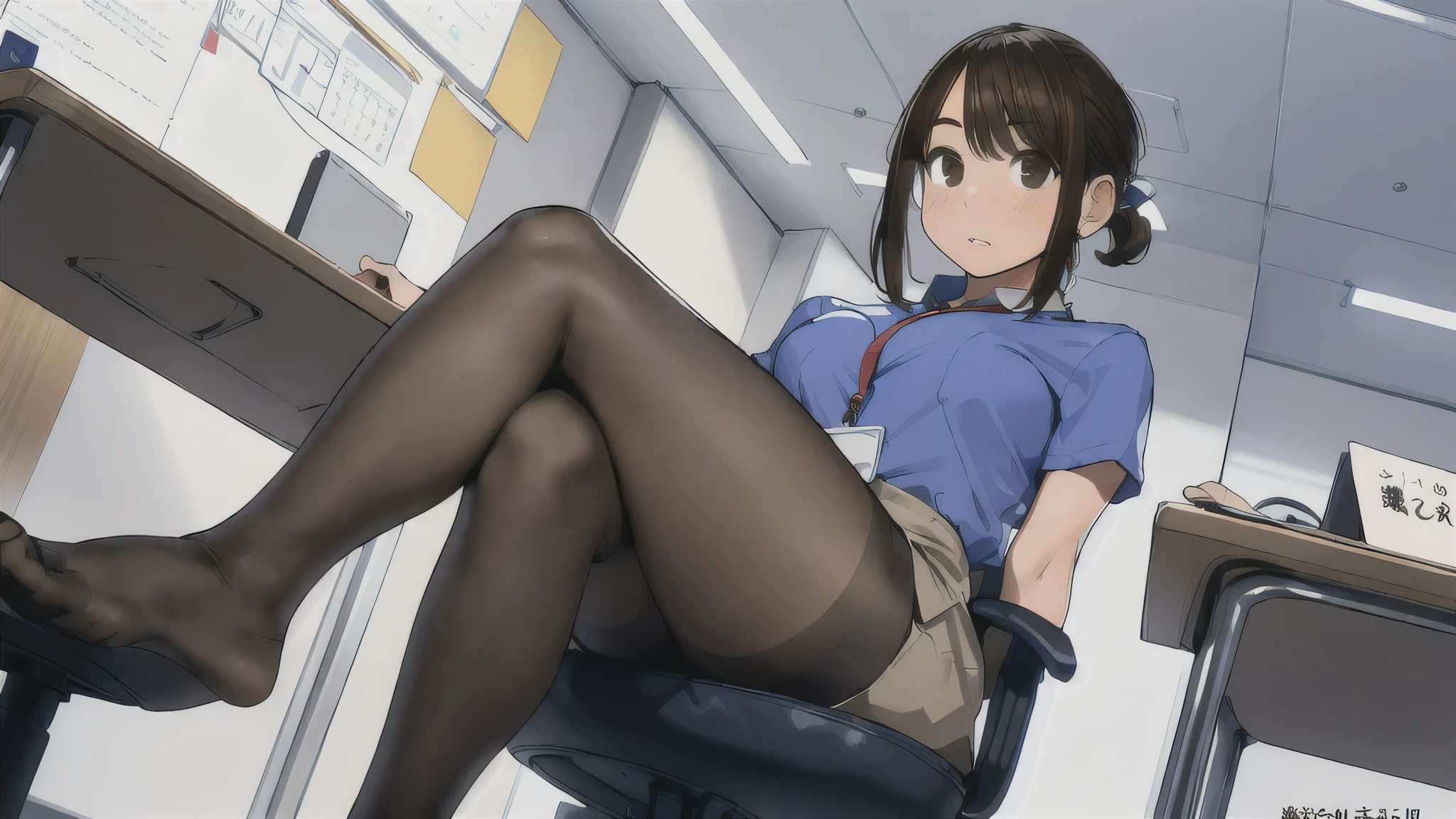 masterpiece, best quality, ultra-detailed, illustration, from below, 1girl, douki-chan \(douki-chan\), solo focus, looking at viewer, yomu \(sgt epper\), full body shot, dark brown hair, blue shirt, miniskirt, [brown pantyhose|yellow pantyhose], office, fine fabric emphasis, crossed legs, sitting on office chair,