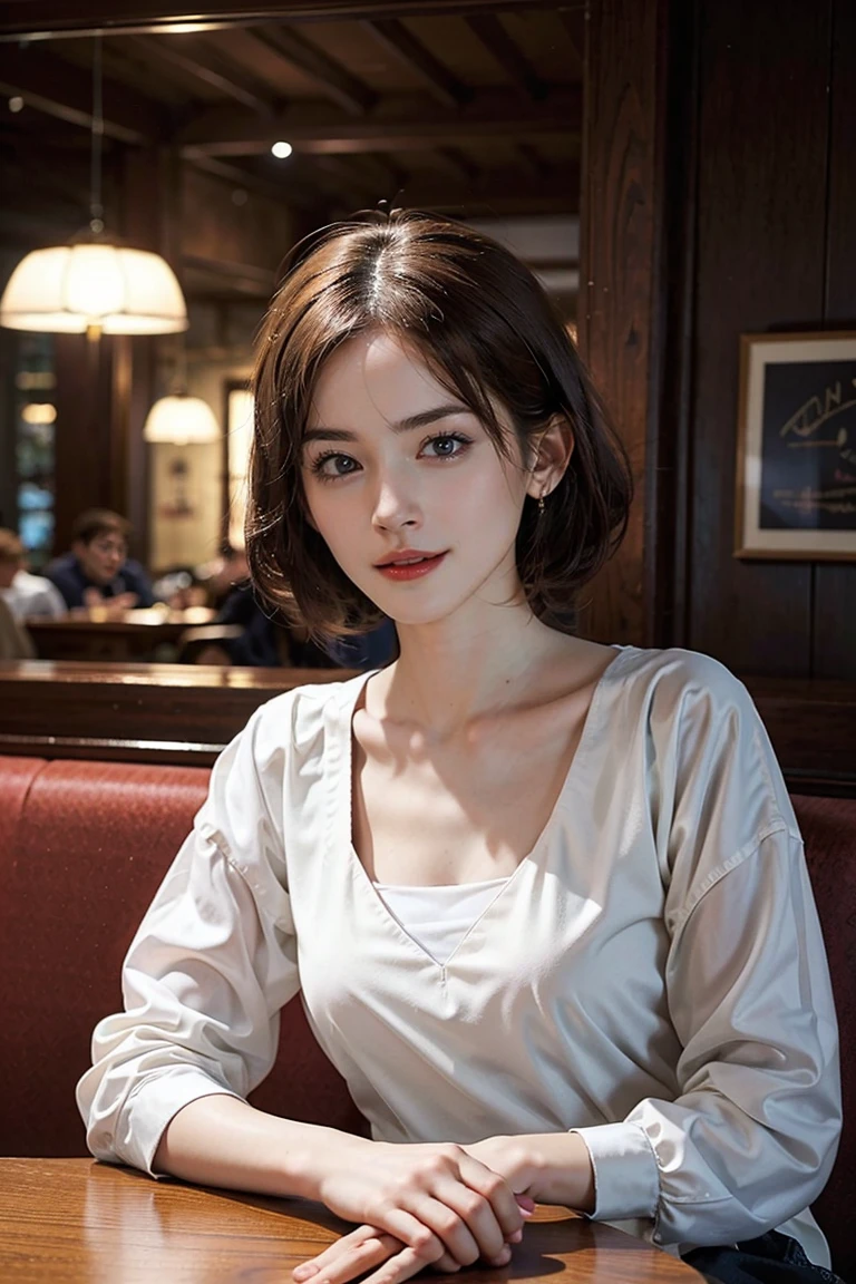 (Preserve face images)、Golden Ratio、Maintain face image、height: 170cm, 30 years old、Pale face and eyes:1.3、Very narrow face and eyes:1.3, (Swollen eyes:1.5)、{Highest quality}, {{masterpiece}}, {Very delicate and beautiful}, Excellent light and shadow, Highly detailed wallpaper, clear 、1 girl, blush, Short Bob Hair,( The attire in the image features the following elements、(whole body)
BREAK 、(Background、Night city scene。What you can see through the window、Illuminated buildings and neon signs、A misty view of the city。In a corner of a restaurant or cafe、The room is warmly lit、There is a wooden table and a red-brown sofa.。The city's night view spreads out outside the window、It creates a quiet night atmosphere.)、Supermodel Legs、High heels )、 Delicate hair, (Realistic skin texture:1.3), Saggy breasts, Cleavage、or noticeable wrinkles on the skin., B Cup, Broad shoulders, (((Dynamic model posing))), necklace、ring、earrings、smile, Photorealistic, Dynamic Lighting, Art Station, posters, Volumetric Lighting, Highly detailed face, 4K, Awards, 1 girl, In the Dark, Deep Shadow, Inconspicuous Background、Night city scene。What you can see through the window、Illuminated buildings and neon signs、A misty view of the city。In a corner of a restaurant or cafe、The room is warmly lit、There is a wooden table and a red-brown sofa.。The city's night view spreads out outside the window、 creates a quiet night atmosphere.