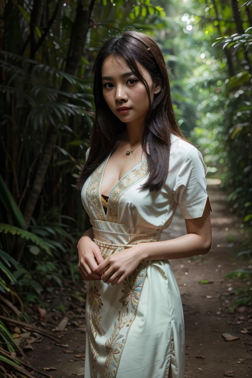 Realistic image of a beautiful young Thai woman wearing a Thai dress in the forest.