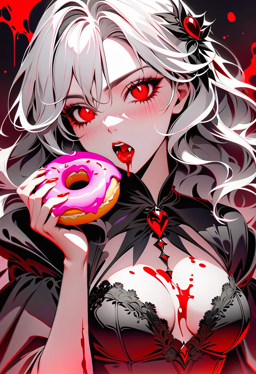 a portrait of a female vampire eating a (bloody donut: 1.3), an exotic exquisite beautiful female vampire, dynamic hair color, wavy hair, dynamic eyes color, (glowing  eyes: 1.1), intense eyes, wearing glamour silk dress, intricate detailed dress, dynamic color dress, dynamic style dress, ((eating  a large donut soaked with blood: 1.3)), blood dripping from the donut, (cherries: 1.1), (whipped cream: 1.1), dark fantasy pastry shop background,  vibrant, Ultra-high resolution, High Contrast, (masterpiece:1.5), highest quality, Best aesthetics), best details, best quality, highres, 16k, [ultra detailed], masterpiece, best quality, (extremely detailed) RAW, (ultra details, Masterpiece, best quality),   Dark Art Painting Style, Intense gaze, blood, Cinematic Hollywood Film
