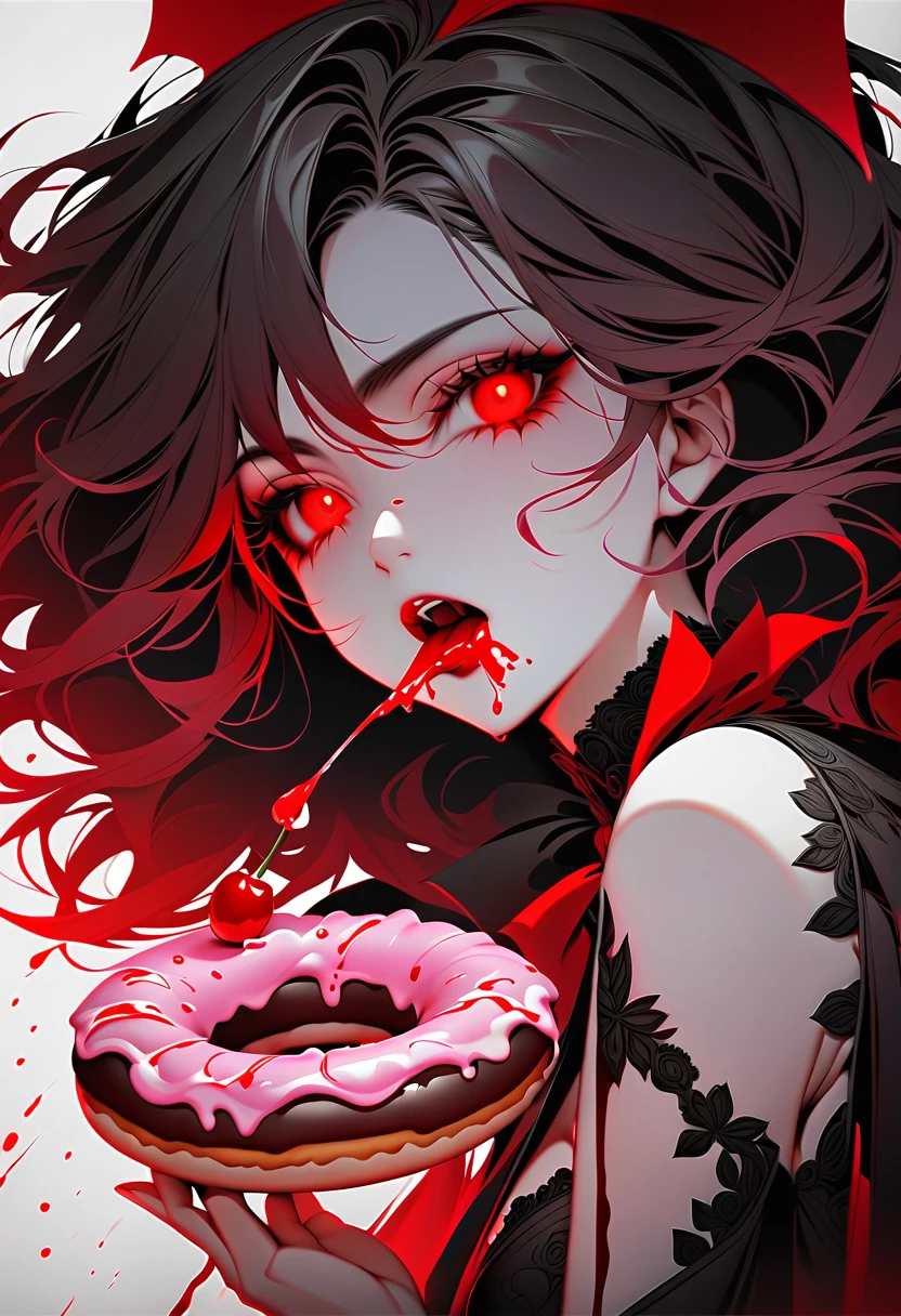 a portrait of a female vampire eating a (bloody donut: 1.3), an exotic exquisite beautiful female vampire, dynamic hair color, wavy hair, dynamic eyes color, (glowing  eyes: 1.1), intense eyes, wearing glamour silk dress, intricate detailed dress, dynamic color dress, dynamic style dress, ((eating  a large donut soaked with blood: 1.3)), blood dripping from the donut, (cherries: 1.1), (whipped cream: 1.1), dark fantasy pastry shop background,  vibrant, Ultra-high resolution, High Contrast, (masterpiece:1.5), highest quality, Best aesthetics), best details, best quality, highres, 16k, [ultra detailed], masterpiece, best quality, (extremely detailed) RAW, (ultra details, Masterpiece, best quality),   Dark Art Painting Style, Intense gaze, blood, Cinematic Hollywood Film
