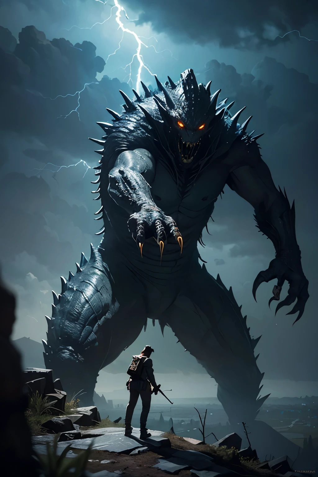 A very detailed painting,Depicts a man have a weapon on a hill gazing at a giant alien monster lightning breath, author:Shinkai Makoto, By Art Jem, From Wlop, author:Greg Rutkowski, Volumetric Lighting, Octane Rendering, 4K resolution, Popular on artstation, masterpiece ,flame magic