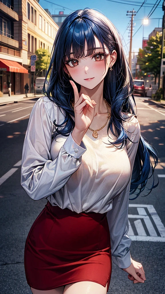 ((Highest quality, High resolution, masterpiece, detailed)),
Cowboy Shot, Written boundary depth, View your audience, Anatomically correct, 1people, woman, Perfect Face, Cute and symmetrical face, Shiny skin,
(Long Hair, Straight hair, Blue Hair), Chestnut brown eyes, (Large Breasts:0.8),
Beautiful details, Beautiful Hair, Beautiful Face, Beautiful clavicle, Beautiful body, Beautiful breasts, Beautiful thighs, Beautiful feet,
(White collared shirt, Red short pencil skirt, Golden Necklace),
(Beautiful views), evening, summer, walk, Tree-lined street, (The gesture of tucking hair behind the ear),