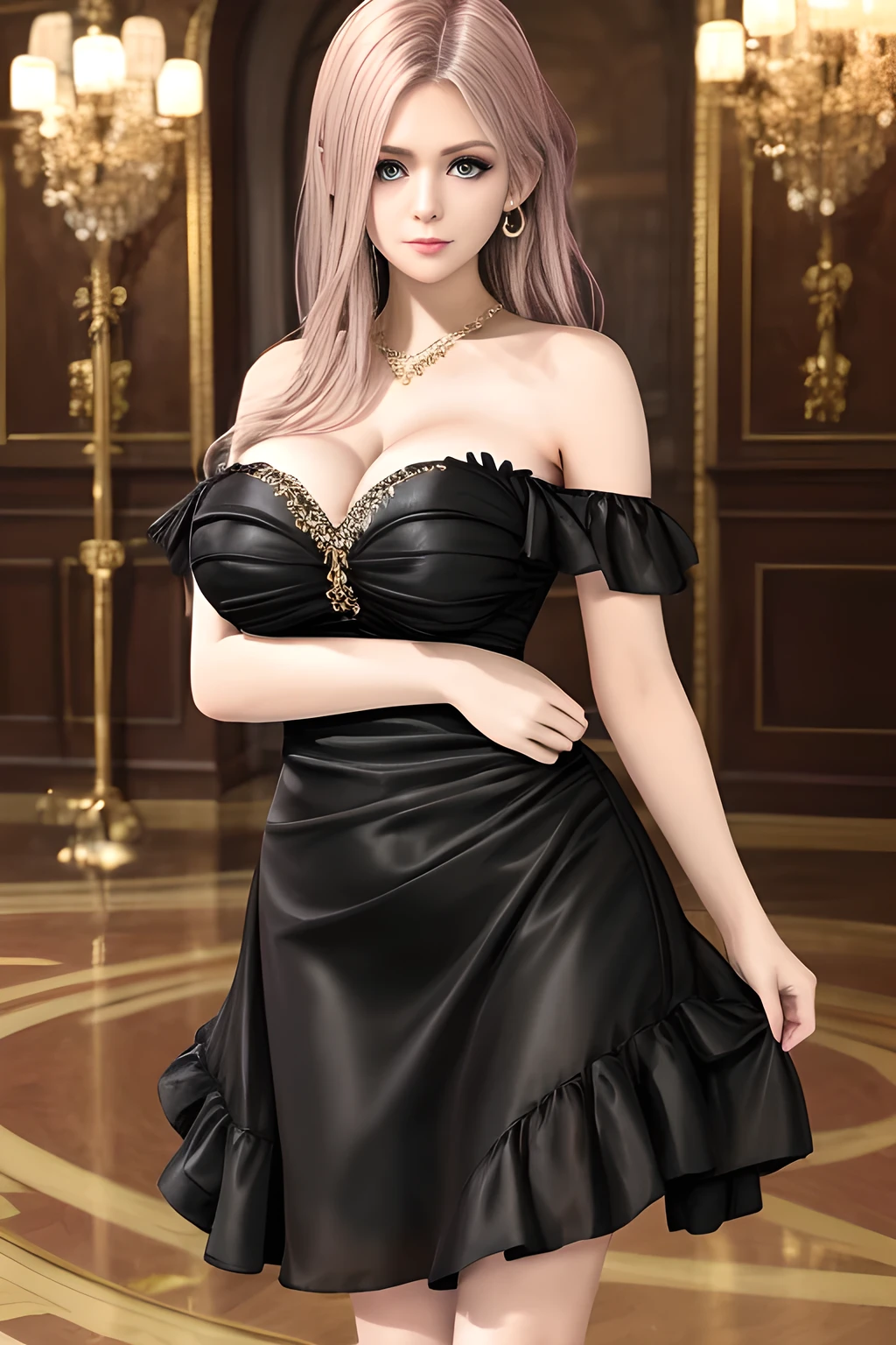 1girl is wearing an elegant black strapless dress. The dress is beautifully designed with ruching on the bodice and a cascading ruffled asymmetrical hem, adding a playful and chic touch to the outfit. The person is standing upright, with one hand gently touching their leg and the other hand relaxed by their side. The background is plain and neutral, drawing attention to the dress itself. The lighting is soft, highlighting the details of the dress and creating a fashionable and stylish atmosphere,, huge breasts, elise