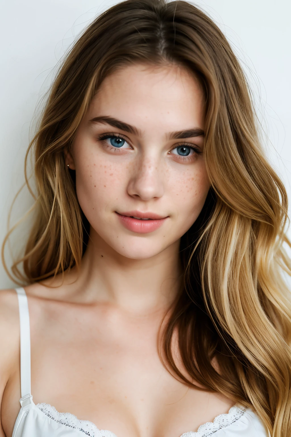 ((​masterpiece)),the same woman with long, wavy blonde hair, that reach to the shoulders. She has bright blue eyes and fair skin with a rosy complexion. Her face is symmetrical and oval shaped, with slightly reddened cheeks and natural freckles, scattered across her nose and cheeks. She has narrow, blonde eyebrows, that are the same color as their hair. The woman has full lips and a straight, fine nose. She has a birthmark on her cleavage. Her overall appearance is friendly and natural, and she has a gentle, subtle smile. She has long legs and wears a black bra and black panties. and elegant leather shoes She has long legs and wears a white bra and white panties. 
