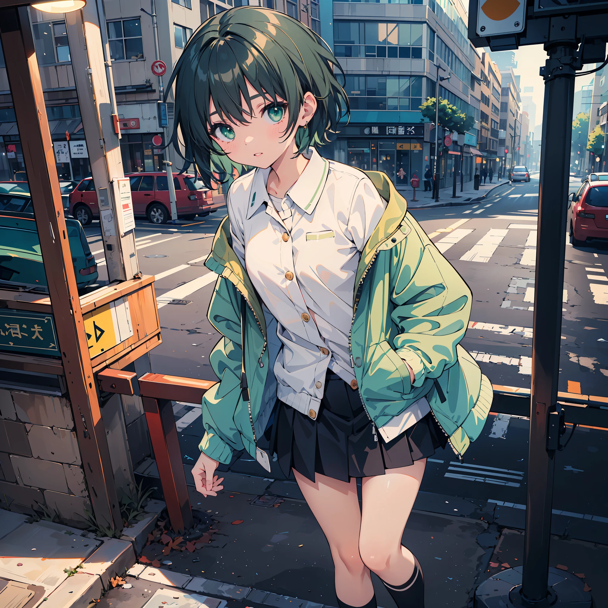 (masterpiece:1.2), (Highest quality:1.2), Ultra-high resolution, Very detailed, Perfect lighting, ((Anime Girls)), Surreal Girl, (Lolita,boyish, :1.3),((alone:1.3)), The charm of androgyny, (Very short hair), ((Black Hair)), Messy Hair, small and soft breasts,Slender body, Small Ass, Small green eyes, Fine and beautiful eyes, Well-proportioned iris and pupil, Expressive eyes, Beautiful and detailed lips, High resolution detailed hair, ((Light green jacket:1.4)),(White shirt:1.4),((Check skirt)), Light green socks, Brown Loafers, Put your hands in your pockets, break, from the front, pedestrian crossing, break, Gweiz-style artwork, Makoto Shinkai&#39;Art Style, Portrait of Rofi, Digital anime art, Makoto Shinkai style, LOFI Girl, Anime style illustrations, ロフィArt Style, Anime illustration