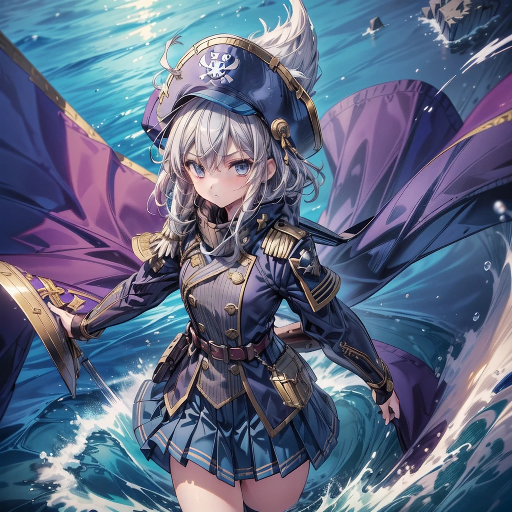 1girl,captain、Viking hat、pirate、On board、(((Highest quality、Masterpiece、Official Art、Super detailed、The best dynamic composition)))、Anime Style、Short grey hair、Navy blue and gold coat、Pleated mini skirt、Cowboy Shot、Ready your sword、blue sea、🌊、