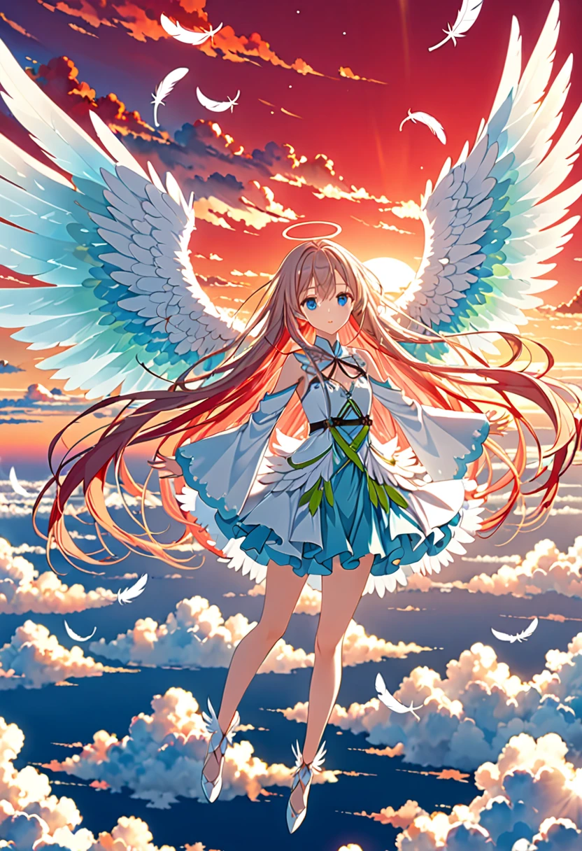 Ultra-high resolution, Highest quality, 8k、Anime 2.5th Dimension、 Angel、sea of clouds、Red Sky、Lime braided long hair、Blue Eyes、Big Wings、Long flight feathers、(Flapping、Slip empty、fall)、Reach out、