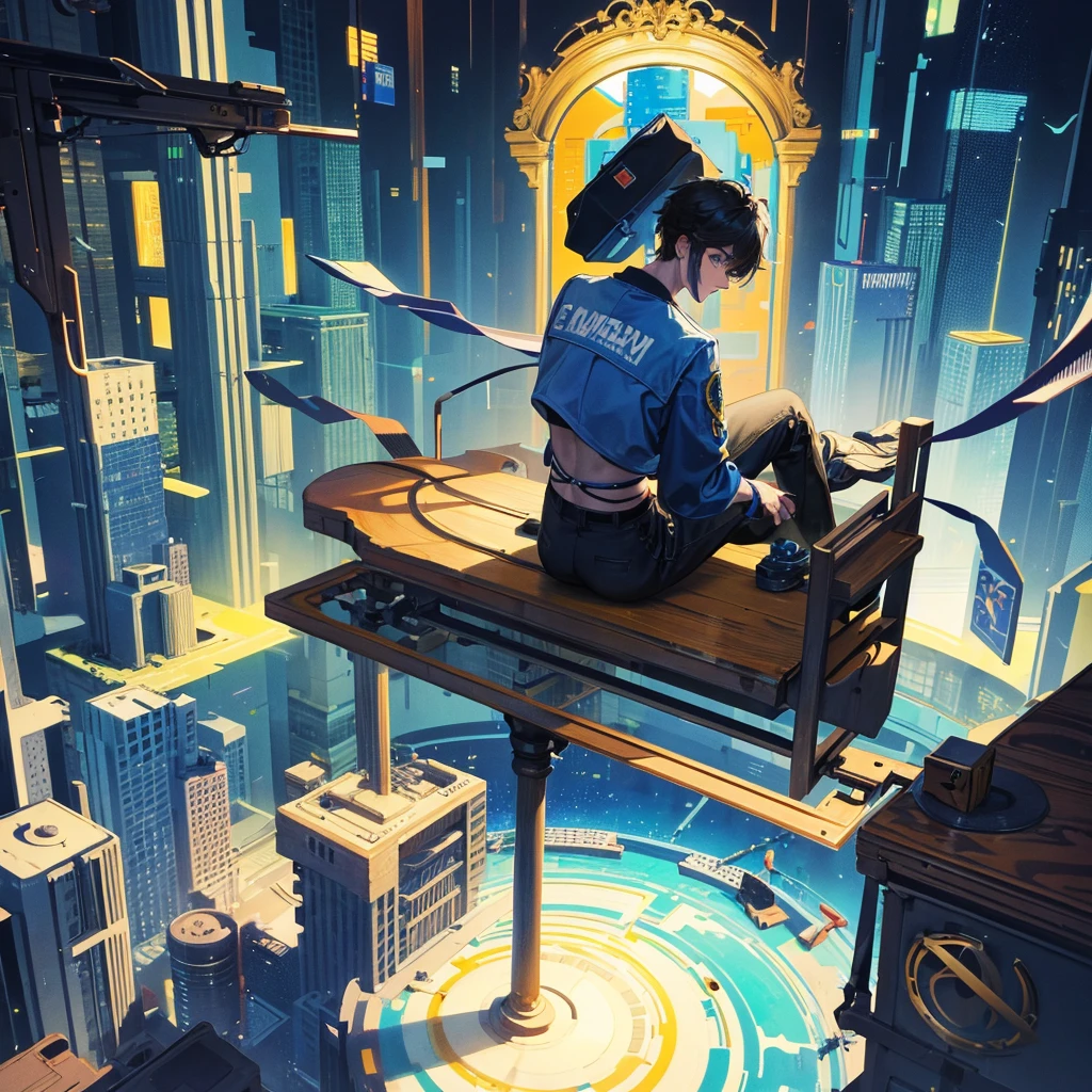 Back of a boy sitting next to a cake, in a virtual world, the city collapsed, the main colors are blue and yellow, high detail,