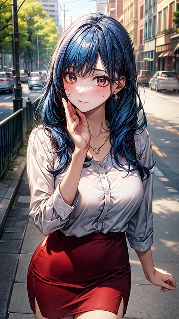 ((Highest quality, High resolution, masterpiece, detailed)),
Cowboy Shot, Written boundary depth, View your audience, Anatomically correct, １people, woman, Perfect Face, Cute and symmetrical face, Shiny skin,
(Long Hair, Straight hair, Blue Hair), Chestnut brown eyes, (Large Breasts:0.8),
Beautiful details, Beautiful Hair, Beautiful Face, Beautiful clavicle, Beautiful body, Beautiful breasts, Beautiful thighs, Beautiful feet,
(White collared shirt, Red short pencil skirt, Golden Necklace),
(Beautiful views), evening, summer, walk, Tree-lined street, (The gesture of tucking hair behind the ear),