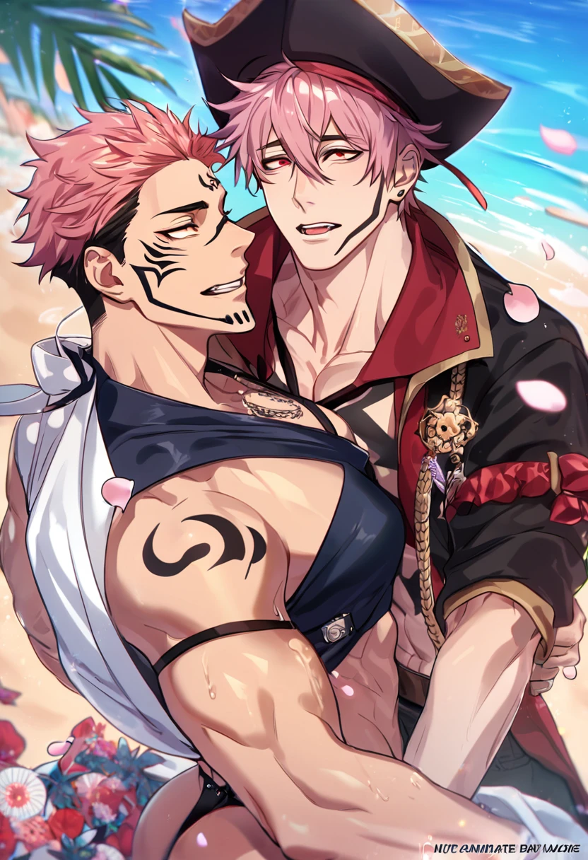 absurdres, highres, ultra detailed, HDR, master piece, best quality, Ryoumen Sukuna, pink hair, expressive red eyes, Jujutsu Kaisen, Quincy, black hair, hair between the eyes, expressive red eyes, two sexy men together, yaoi, gay couple, handsome, horny, black hat, fantasy black pirate clothes, accessories, showing the chest, beach, sea, petals, flowers, Nu Carnival