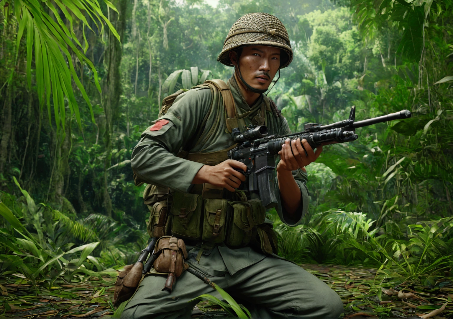 oriental soldier in the middle of the jungle, taking shots in his body,ultrarealistic, highly detailed, 4k
