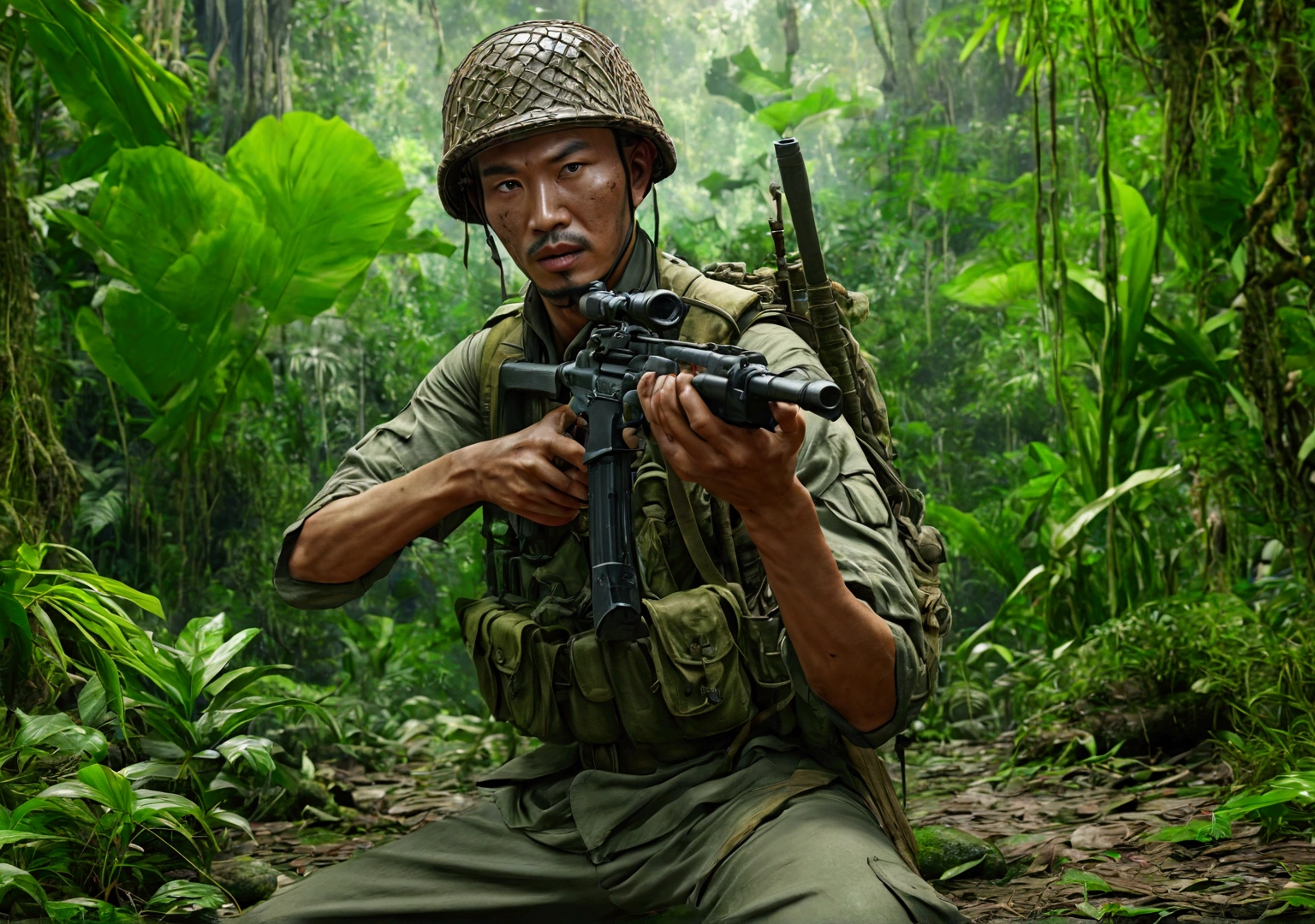 oriental soldier in the middle of the jungle, taking shots in his body,ultrarealistic, highly detailed, 4k