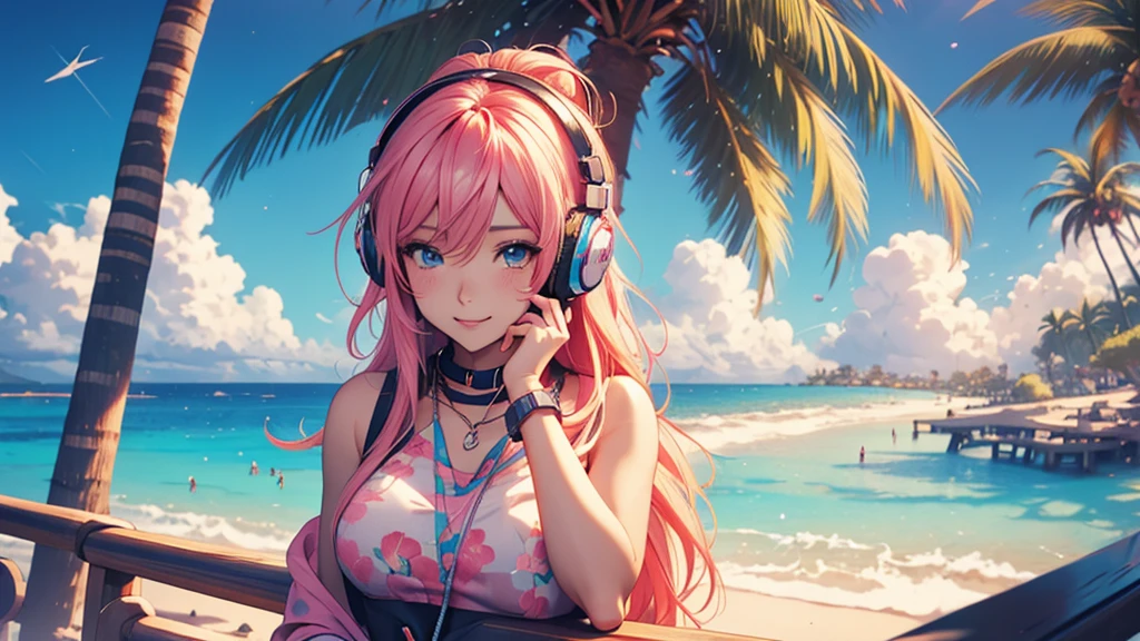 Woman wearing headphones, Anime Style 4 k, anime wallpaper 4k, anime wallpaper 4k, 4k anime wallpaper, anime art wallpaper 4k, anime art wallpaper 4k, Anime Style. 8k, Anime atmosphere, , Ultra HD Anime Wallpaper, Anime Art Wallpaper 8K, Anime Background,landscape、summer、island、Palm tree、Hawaii
