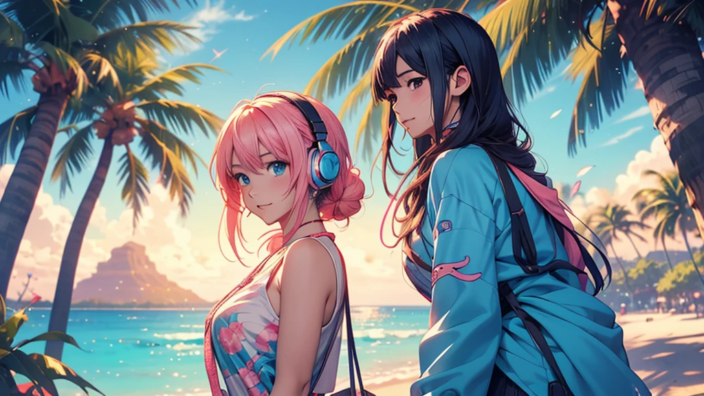 Woman wearing headphones, Anime Style 4 k, anime wallpaper 4k, anime wallpaper 4k, 4k anime wallpaper, anime art wallpaper 4k, anime art wallpaper 4k, Anime Style. 8k, Anime atmosphere, , Ultra HD Anime Wallpaper, Anime Art Wallpaper 8K, Anime Background,landscape、summer、island、Palm tree、Hawaii