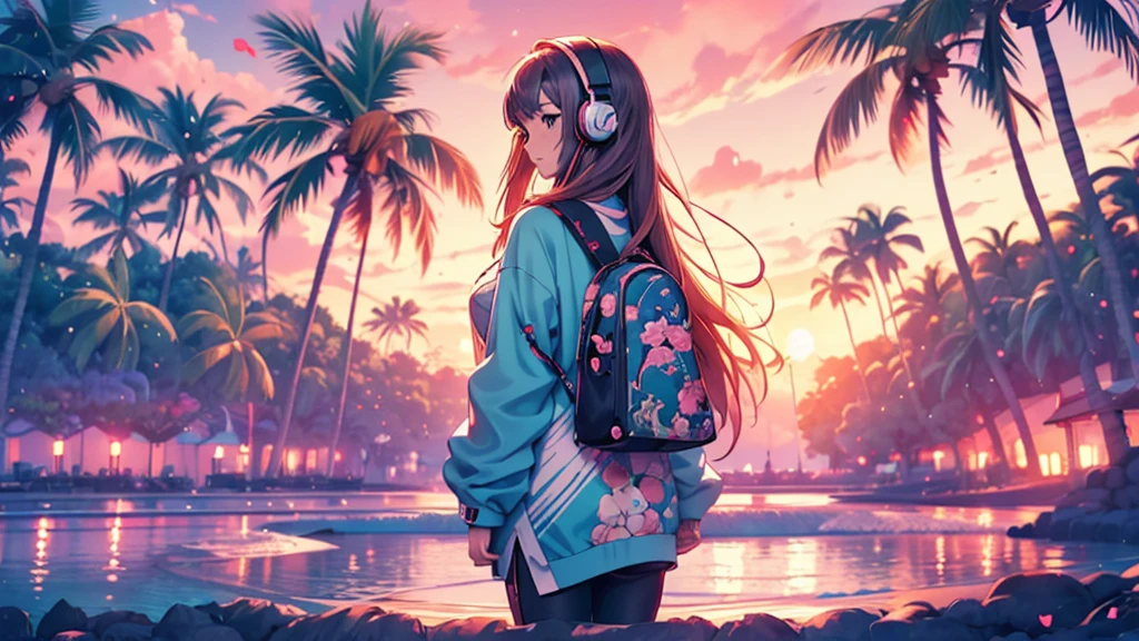 Woman wearing headphones, Anime Style 4 k, anime wallpaper 4k, anime wallpaper 4k, 4k anime wallpaper, anime art wallpaper 4k, anime art wallpaper 4k, Anime Style. 8k, Anime atmosphere, , Ultra HD Anime Wallpaper, Anime Art Wallpaper 8K, Anime Background,landscape、summer、island、Palm tree、Hawaii