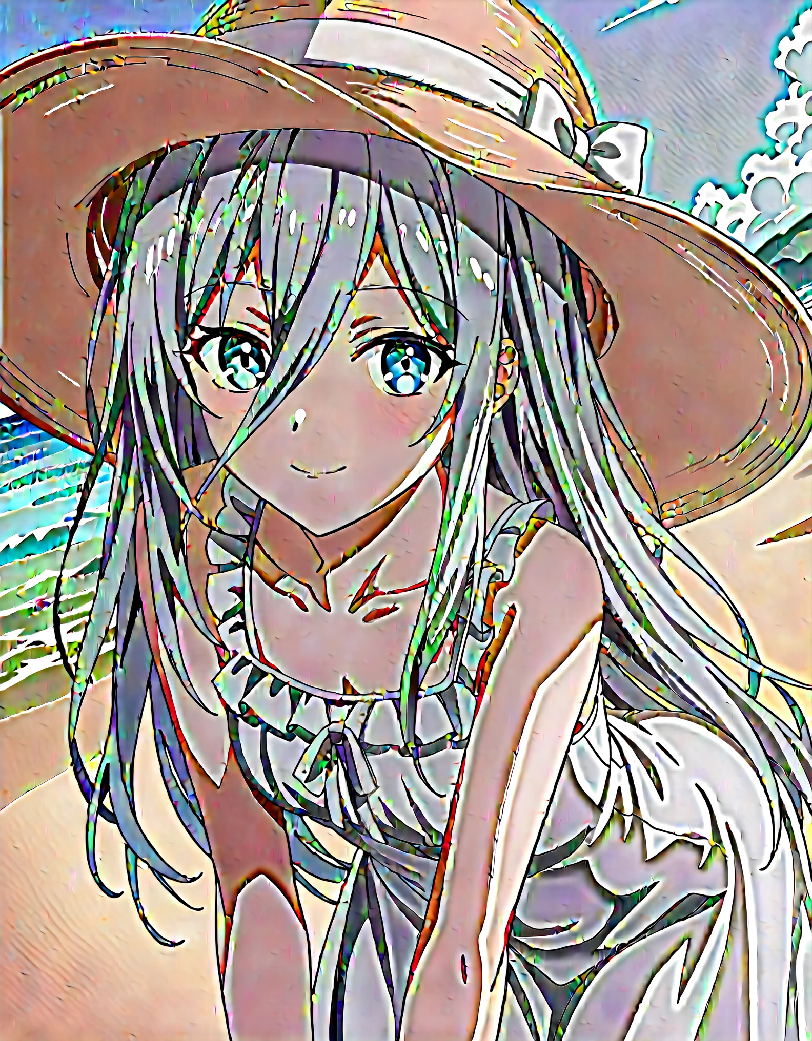 score_9, score_8_up, score_7_up, source_anime, reinamurasame, reina murasame, long hair, blue eyes, grey hair, hair between eyes, hat, dress, bare shoulders, collarbone, sleeveless, white dress, sleeveless dress, sun hat, sundress, outdoors, beach, bent over, smile, looking at viewer, solo, cowboy shot, dutch angle,