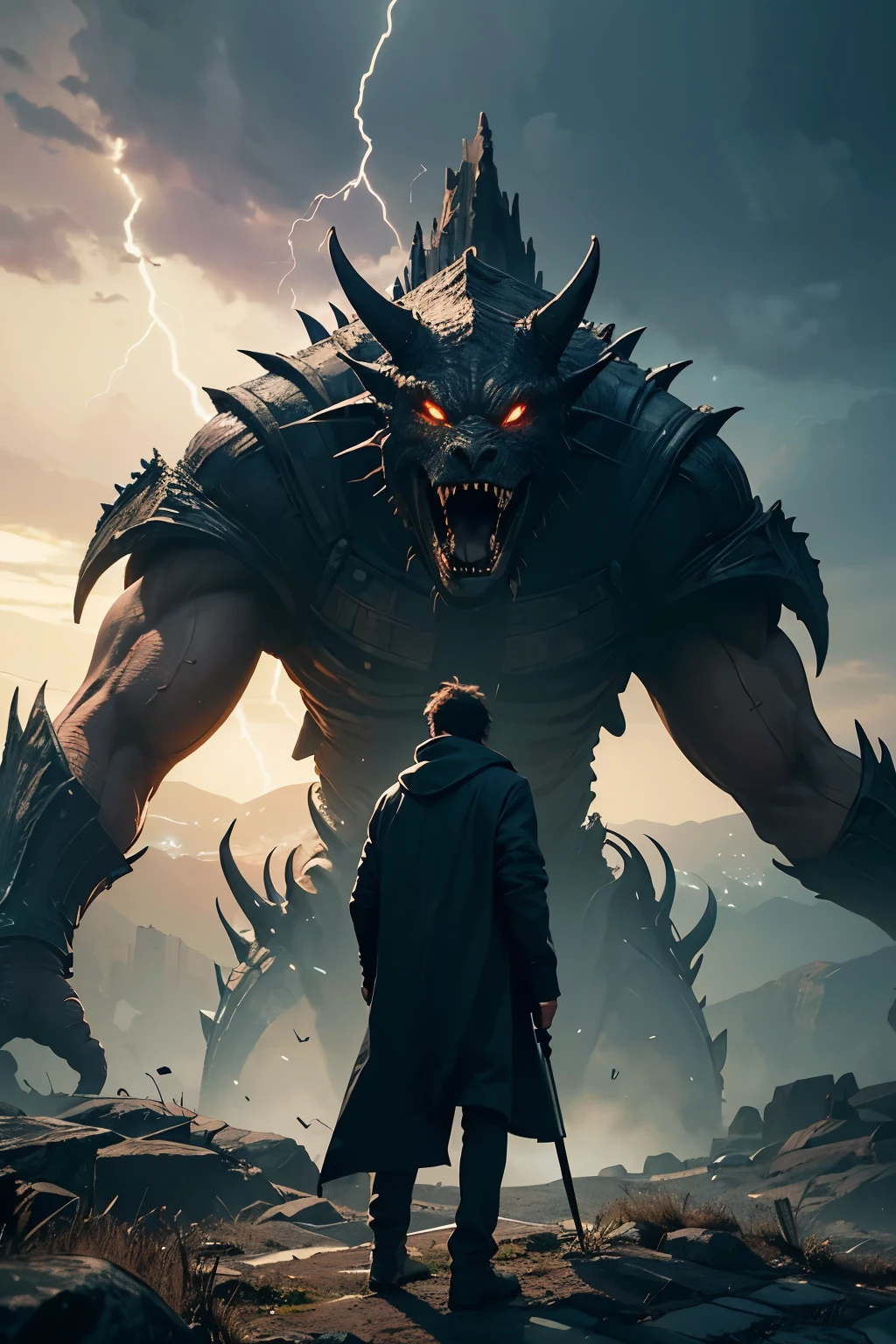 A very detailed painting，Depicts a man　have a weapon on a hill gazing at a giant alien monster lightning breath, author：Shinkai Makoto, By Art Jem, From Wlop, author：Greg Rutkowski, Volumetric Lighting, Octane Rendering, 4K resolution, Popular on artstation, masterpiece ,lightning magic