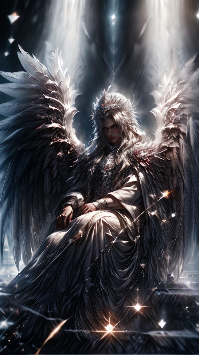 Masterpiece, best quality, high resolution, highly detailed, male, 1 man ( early twenties ), Good looking face,  white long flowing hair ( light in the hair), silver colored eyes ( eyes that glow ), serious expression ( cold look ), pale white skin, the has large angel like wings on his back ( pay attention to the wings ), wearing a white hoodie, and white pants, black watch, surrounded by the splendors of the earth, wearing a crown made of transparent diamonds and sitting on a silver throne, pay attention to stunning details, and achieve a resolution of 128k, floating in a dynamic pose, high quality, with a majestic aura of authority.