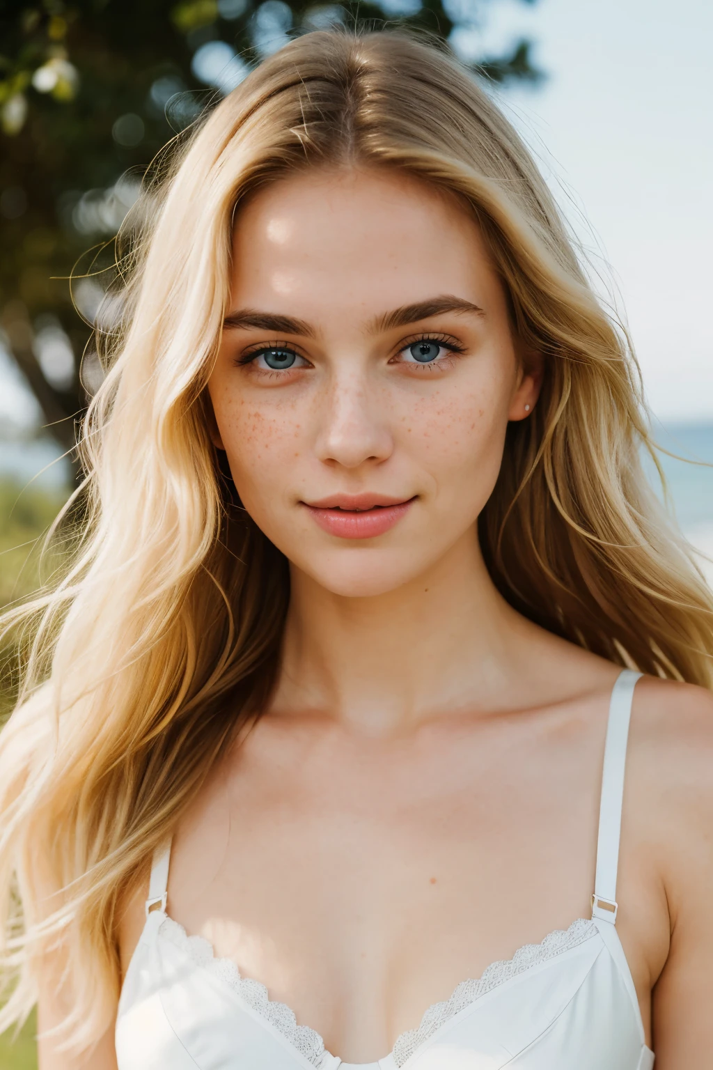 ((masterpiece)),the same woman with long, wavy blonde hair, that reach to the shoulders. She has bright blue eyes and fair skin with a rosy complexion. Her face is symmetrical and oval shaped, with slightly reddened cheeks and natural freckles, scattered across her nose and cheeks. She has narrow, blonde eyebrows, that are the same color as their hair. The woman has full lips and a straight, fine nose. She has a birthmark on her cleavage. Her overall appearance is friendly and natural, and she has a gentle, subtle smile. She has long legs and wears a black bra and black panties. and elegant leather shoes She has long legs and wears a white bra and white panties.