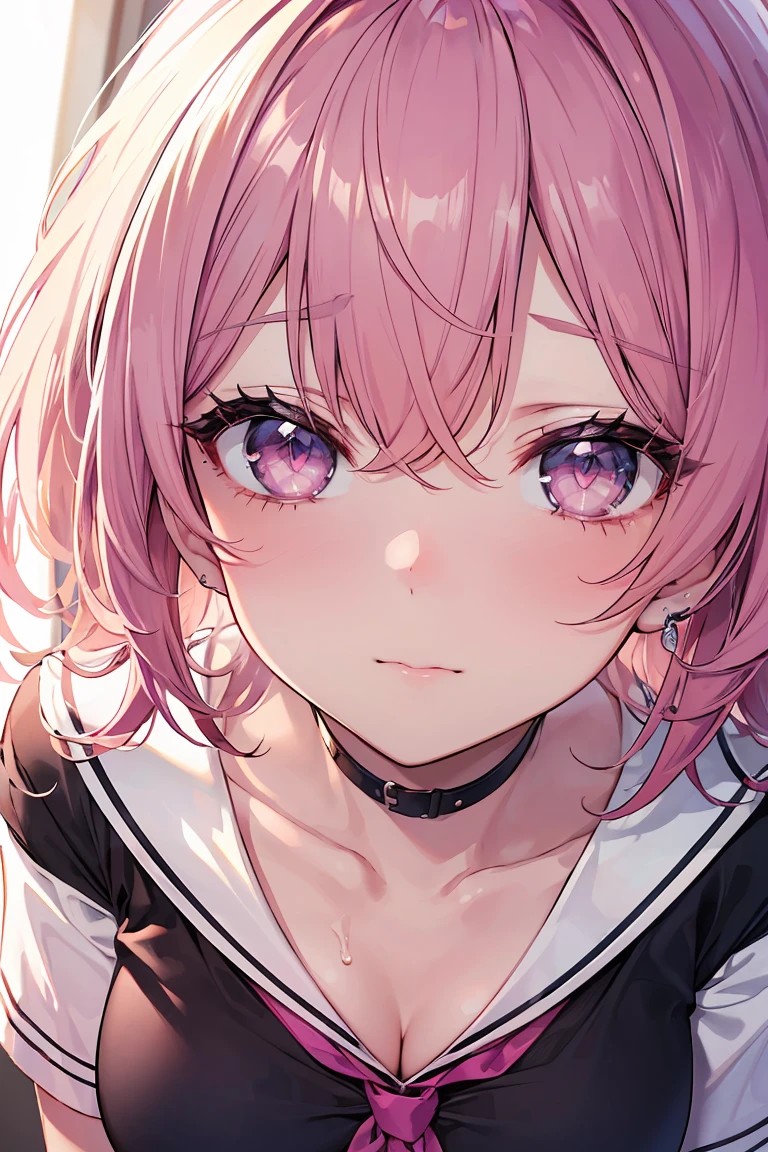 masterpiece, absurdres, best quality, ultra detailed, high Resolution, detailed illustration, bright colour, (extremely beautiful detailed face and eyes, Delicate beautiful face, 1 girl, 18yo, cute face:1.3), (magenta eyes:1.1), sparkling eyes, big eyes, (medium breasts:1.3), (perky breasts:1.1), (pointy breasts:1.1), medium hips, glamorous body, white skin, BREAK, (blonde hair:0.8), messy hair, detailed hair, shiny hair, BREAK (school uniform, down blouse:1.3), perfect lighting, (ecstasy, vulgarity:1.5), (Embarrassed:1.3), (Love juice:1.3), bedroom, (Piledriver:1.3), 