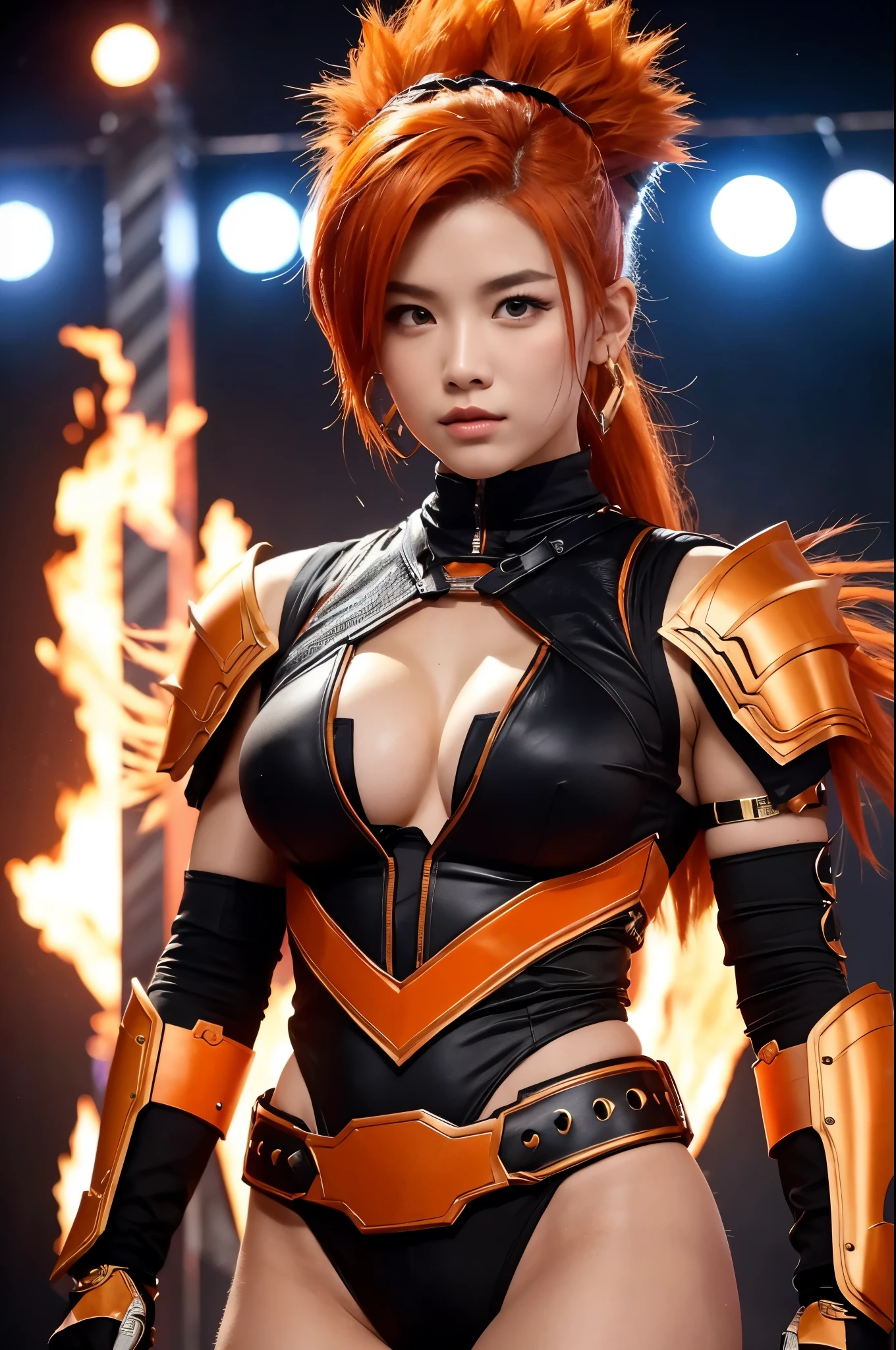 8k,A super muscular American female fire goddess, With the energy of a 20-year-old.,Super Beauty(Like the real thing),Staring angrily at the audience.,Orange Mohawk Hair,Sexy orange and black large chest armor(Fire God&#39;s Emblem),Orange Flame Gauntlets(Fire God&#39;s Emblem),Orange Flame Leg Guards(Fire God&#39;s Emblem),Orange and black shorts(Fire God&#39;s Emblem),Slender and muscular lower body,A dark and desolate land,Photorealistic RAW photos of the highest quality。Bright colors,Rich colors, Backlight, Cinema Lighting, Film Grain, 50mm lens, Nikon D850,Realistic Skin,Fantasy art,Character Art,Ultra-high resolution,Realistic Skin,Raised muscles,A 20-year-old beauty who is the goddess of fire,Black Flame God Costume(Orange flame emblem filigree),Energy Man,Showing off very intense and strong abs,Top-down view,Dynamic fighting pose,Uplifting,Bright Red Eyes,American Woman,Bodybuilding,Fighting style,Martial Arts Posture,Super muscle beauty,