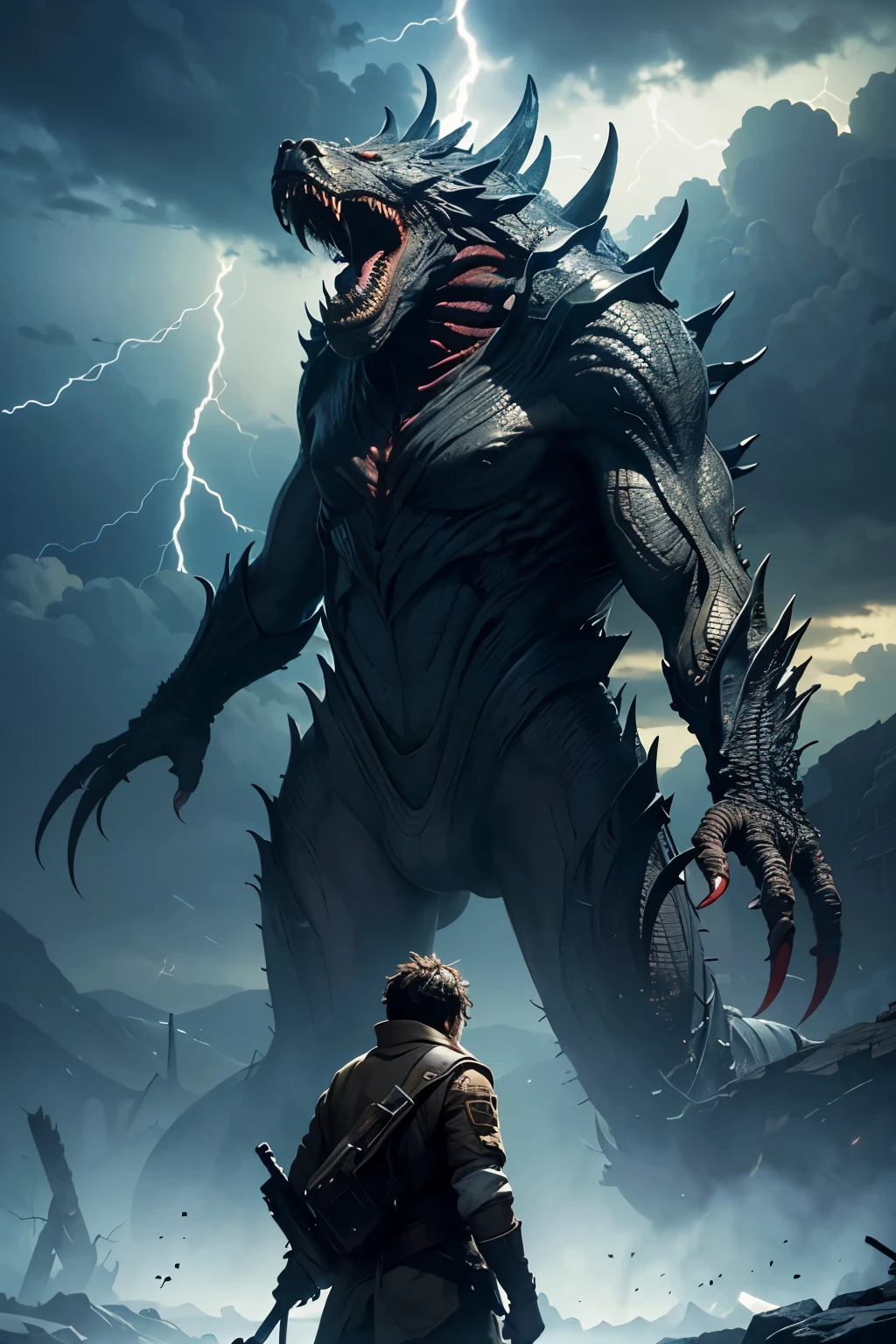 A very detailed painting，Depicts a man　have a weapon on a hill gazing at a giant alien monster lightning breath, author：Shinkai Makoto, By Art Jem, From Wlop, author：Greg Rutkowski, Volumetric Lighting, Octane Rendering, 4K resolution, Popular on artstation, masterpiece ,lightning magic