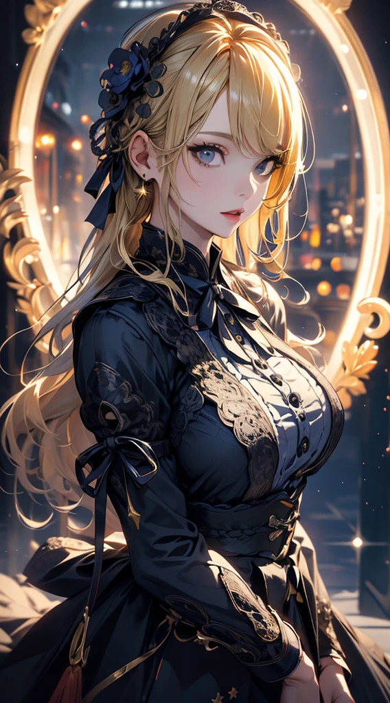 masterpiece, high quality, 4K, Beautiful design, silhouette，blonde， 非常に詳細な夜のStarry Sky,Flower Field， wonderful, Finer details,  Very knowledgeable woman, Highly detailed solo, 1 female,Big Breasts，Gothic Lolita Fashion，Night view，Starry Sky，full moon，
