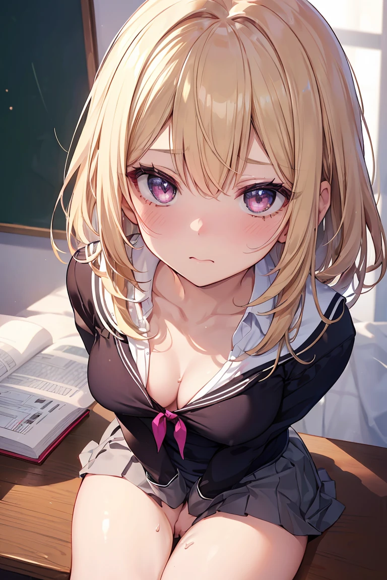 masterpiece, absurdres, best quality, ultra detailed, high Resolution, detailed illustration, bright colour, (extremely beautiful detailed face and eyes, Delicate beautiful face, 1 girl, 18yo, cute face:1.3), (magenta eyes:1.1), sparkling eyes, big eyes, (medium breasts:1.3), (perky breasts:1.1), (pointy breasts:1.1), medium hips, glamorous body, white skin, BREAK, (blonde hair:0.8), messy hair, detailed hair, shiny hair, BREAK (school uniform, down blouse:1.3), perfect lighting, (ecstasy, vulgarity:1.5), (Embarrassed:1.3), (Love juice:1.3), bedroom, (Piledriver:1.3),