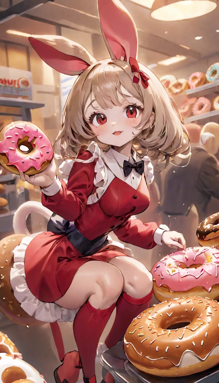 Highest quality、masterpiece、Bunny girl、Perfect Anatomy、One Woman、Red costume、Red Stockings、Red bow tie、白い襟にRed bow tie、Dim lighting、Natural look、BREAK、Giant donuts、Eat donuts with a mouse、Cute mouse、Eating donuts together with a mouse、Red eyed rat、Tom and Jerry World、