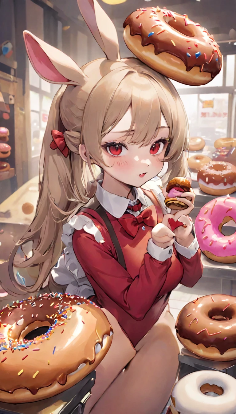 Highest quality、masterpiece、Bunny girl、Perfect Anatomy、One Woman、Red costume、Red Stockings、Red bow tie、白い襟にRed bow tie、Dim lighting、Natural look、BREAK、Giant donuts、Eat donuts with a mouse、Cute mouse、Eating donuts together with a mouse、Red eyed rat、Tom and Jerry World、