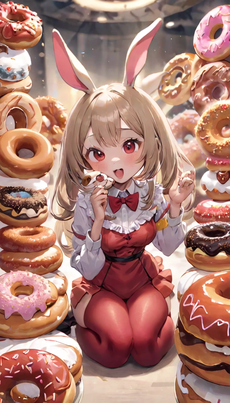 Highest quality、masterpiece、Bunny girl、Perfect Anatomy、One Woman、Red costume、Red Stockings、Red bow tie、白い襟にRed bow tie、Dim lighting、Natural look、BREAK、Giant donuts、Eat donuts with a mouse、Cute mouse、Eating donuts together with a mouse、Red eyed rat、Tom and Jerry World、