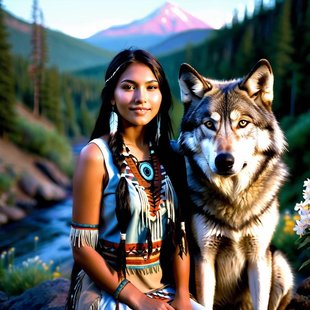 (grainy:0.5), cinematic, beautiful girl 25 year old,native american,fantasy,(solo:1.3), detailed brown eyes, detailed face, detailed native American sexy clothing , volumetric lighting, dusk, extremely detailed background, standing next to forest, mountains, flowers, water fall, smiling, half closed eyes, tilted head, from side, sitting next to her wolf