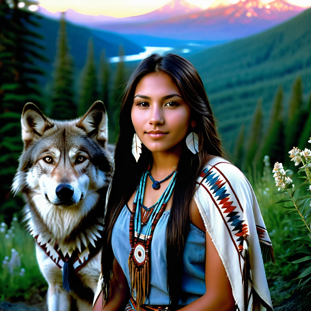 (grainy:0.5), cinematic, beautiful girl 25 year old,native american,fantasy,(solo:1.3), detailed brown eyes, detailed face, detailed native American sexy clothing , volumetric lighting, dusk, extremely detailed background, standing next to forest, mountains, flowers, water fall, smiling, half closed eyes, tilted head, from side, sitting next to her wolf