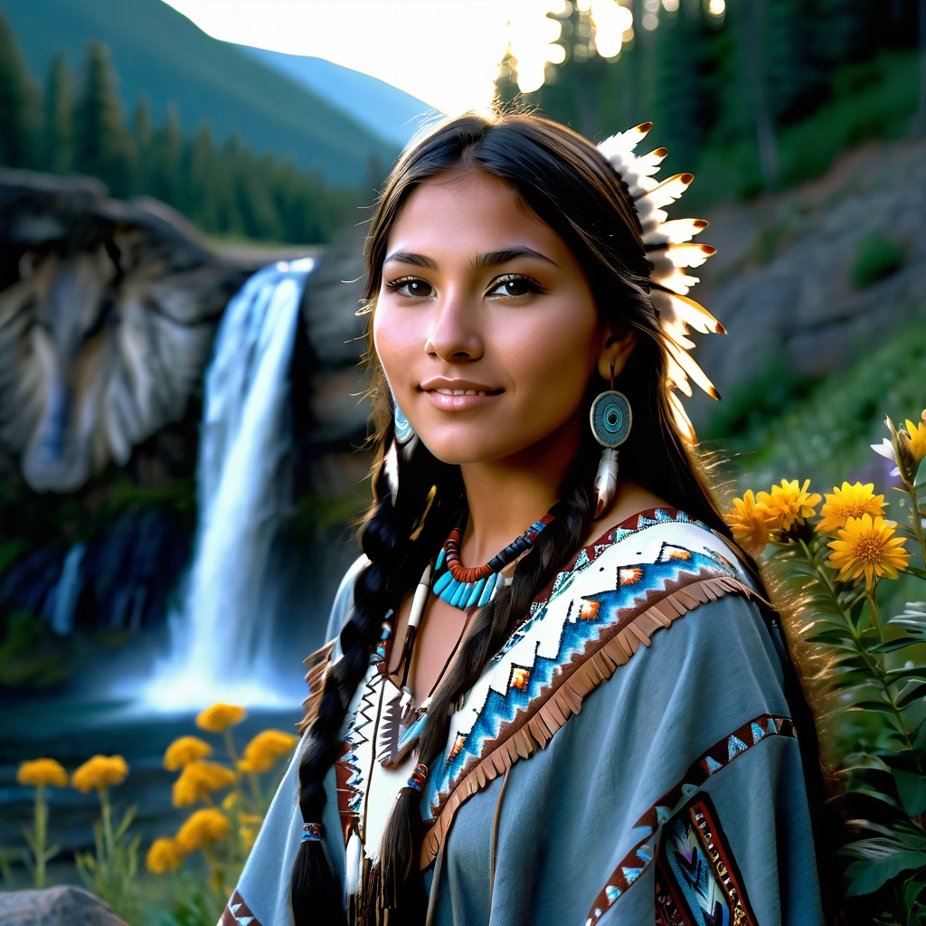 (grainy:0.5), cinematic, beautiful girl 25 year old,native american,fantasy,(solo:1.3), detailed brown eyes, detailed face, detailed native American sexy clothing , volumetric lighting, dusk, extremely detailed background, standing next to forest, mountains, flowers, water fall, smiling, half closed eyes, tilted head, from side, sitting next to her wolf