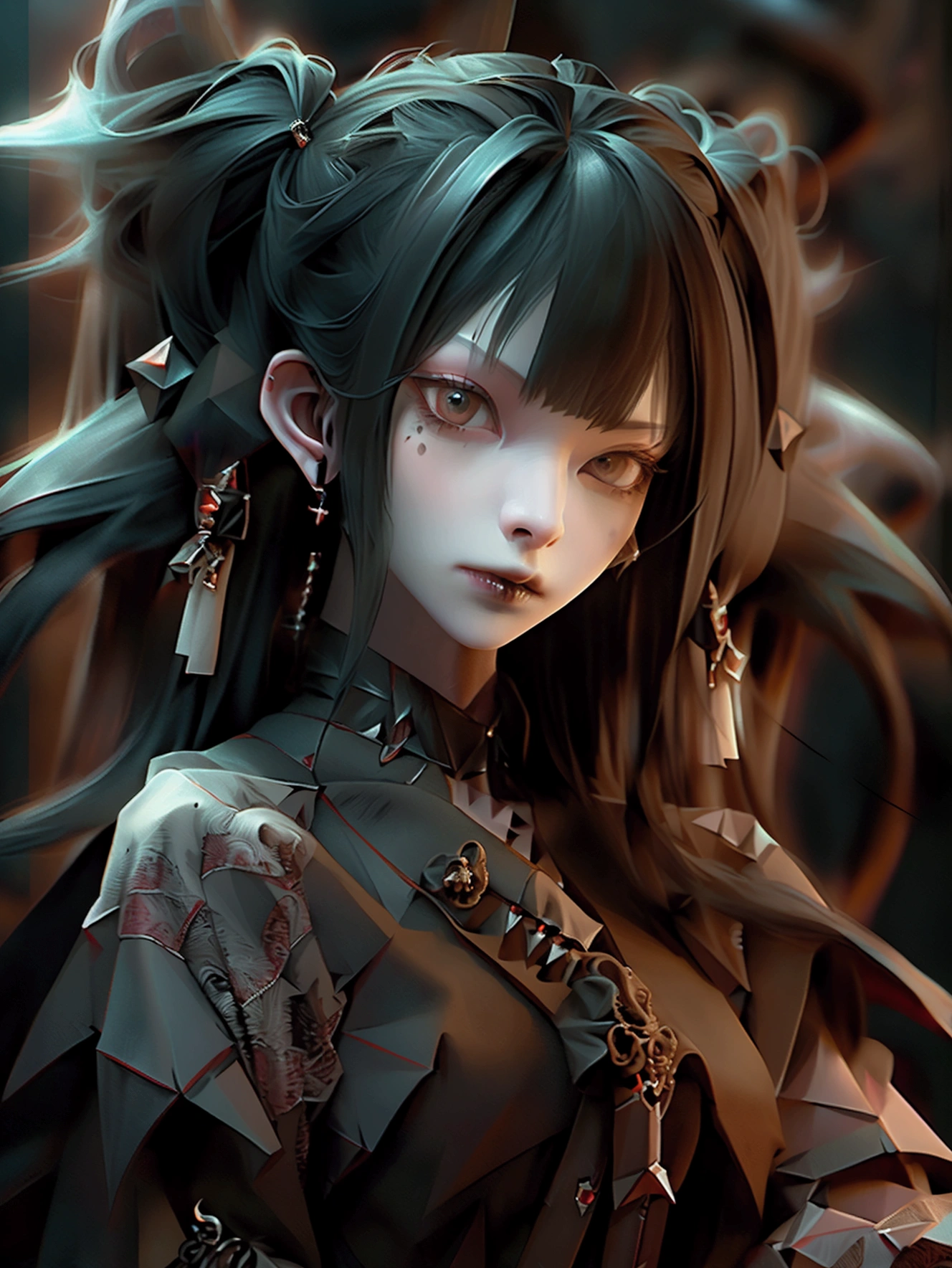 Standing posture,(high quality: 1.3), Cinematic shots, masterpiece, (Sharp focus: 1.5), (Realistic: 1.3),whole body,image color: Black and Yellow, Emphasize yellow,(Beautiful young vampire woman, Pale skin, Gothic, Still proud、intense, Loose and fluffy black twin tails,Long Hair, Dark look, Wearing a very elaborate dark tunic,boots, Dark atmosphere, but、Sculpting shapes with chiaroscuro), that'night, (Highly detailed skin), (Detailed face), Detailed Background, Dim lighting, Volumetric lighting, Intricate details, Ultra-high resolution,