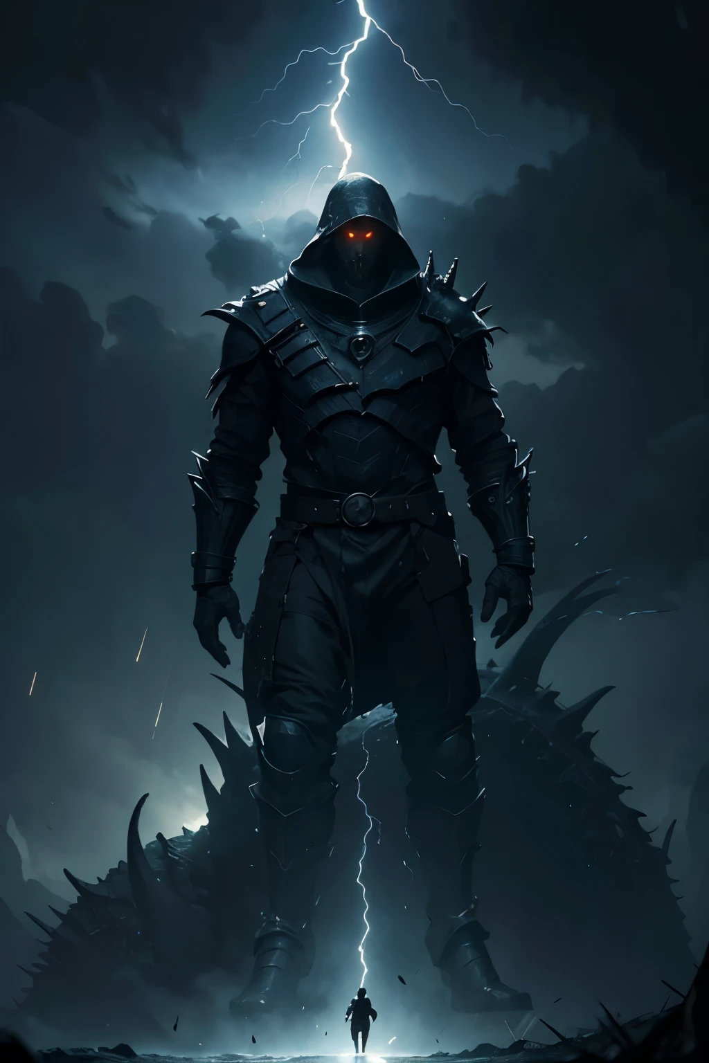 A very detailed painting, Dark world, Depicts a man have a weapon on a hill gazing at a giant alien monster lightning rain breath, author:Shinkai Makoto, By Art Jem, From Wlop, author:Greg Rutkowski, Volumetric Lighting, Octane Rendering, 4K resolution, Popular on artstation, masterpiece ,flame magic