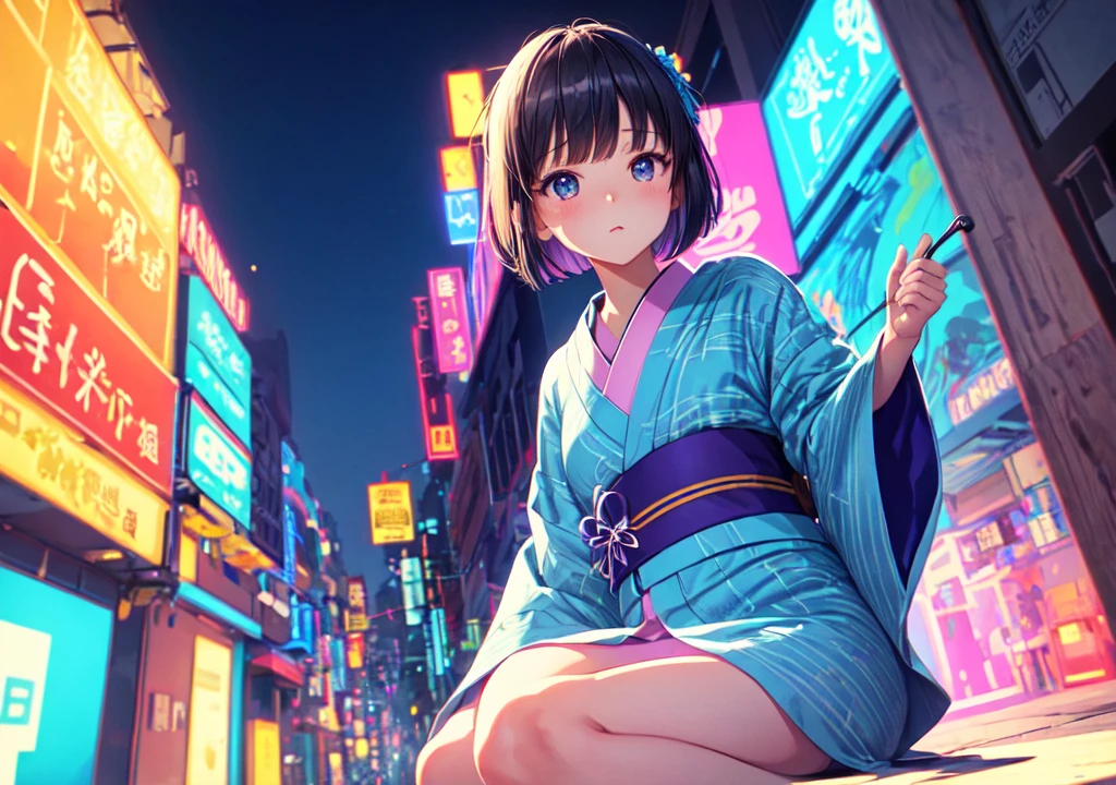 masterpiece,Highest quality,1 Synthwaveガール,Blue outline,nightの海岸線,Blue fluorescent paint,alone,From below,Cowboy Shot,Sitting on the roof of a building,Extremely detailed CG,Flat Color,Limited edition palette,Line art,silhouette,Partially colored,Alternative color,Dynamic Angle,Mizuga Short Bob、Blue Long Upper Champagne,Dark purple shadow,Synthwave,chromatic aberration,(aloneフォーカス)、Perfect Shadow、yukata、Delicate face、、Beautiful and delicate eyes、Delicate background、Blue Neon Light、night、